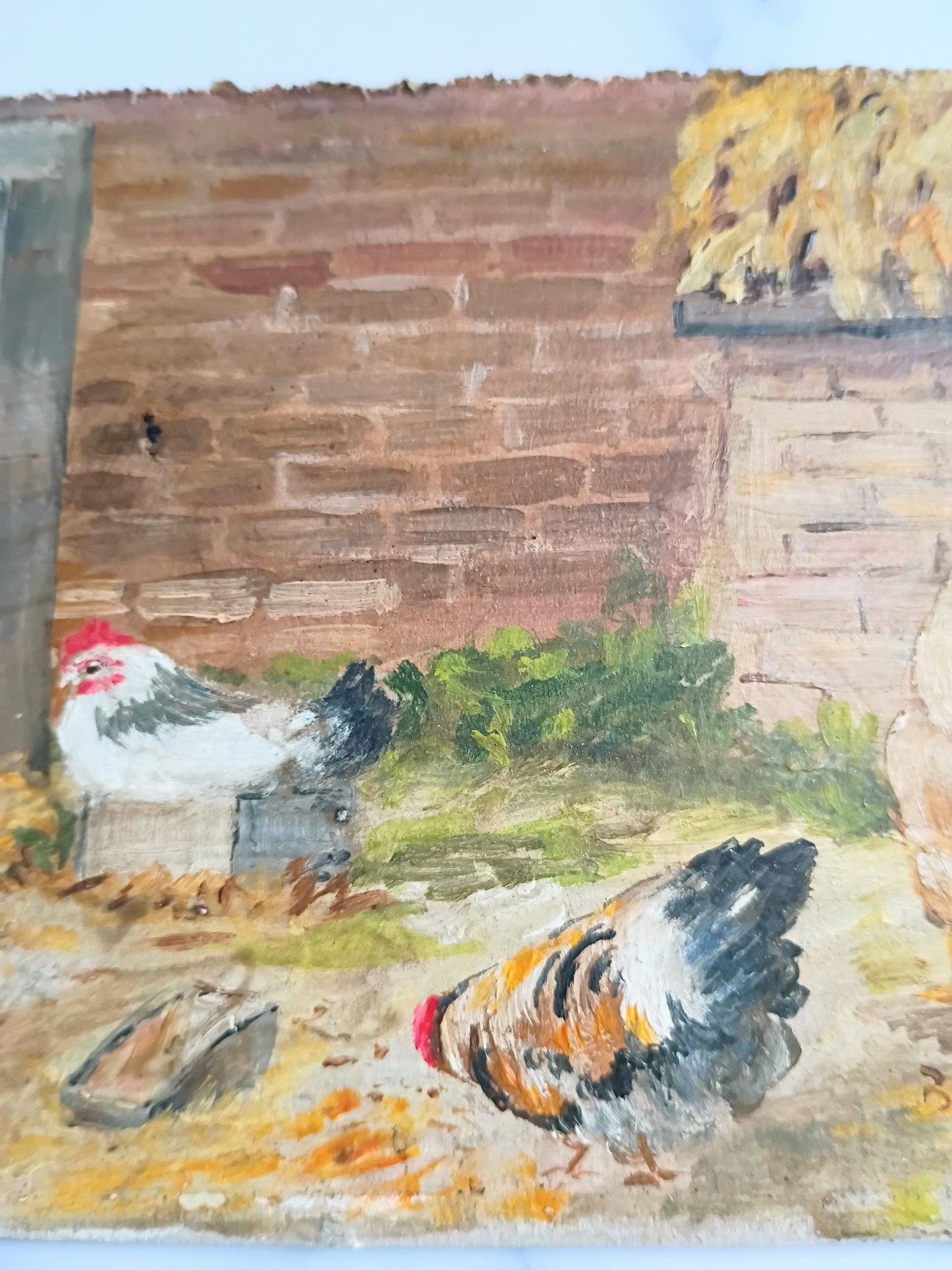Vintage French Country Farm Chickens Oil Painting
