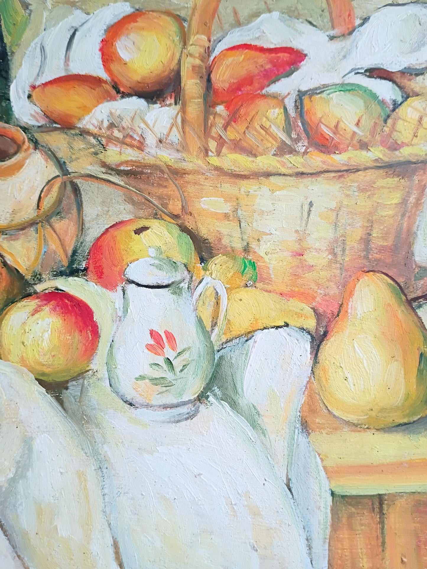French Vintage Oil Painting, Still Life of Apples and Pears in Basket