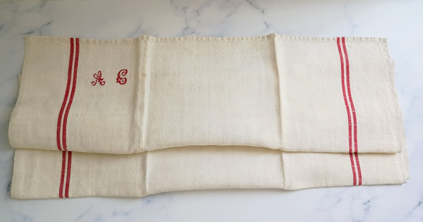 Vintage French Linen Kitchen Towel with Monogram "AG"