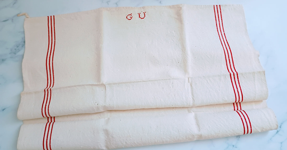 Vintage French Linen Kitchen Towel with Monogram "GU"