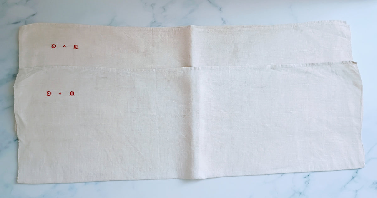 Pair Vintage French Chanvre Tea Towels, "DM" Monogram
