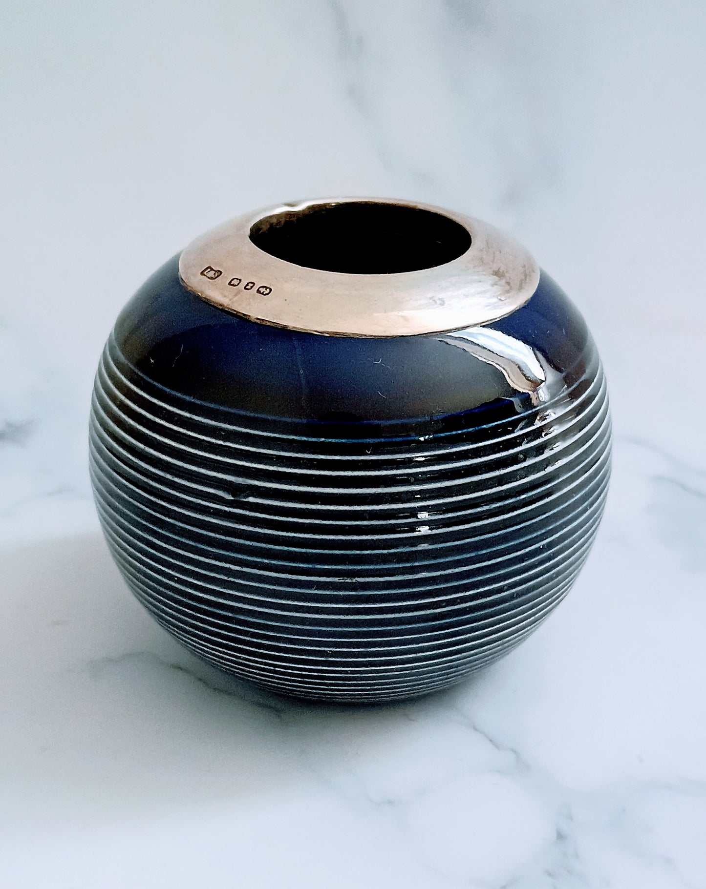 English Ink Blue Ribbed Glass Victorian Match Striker