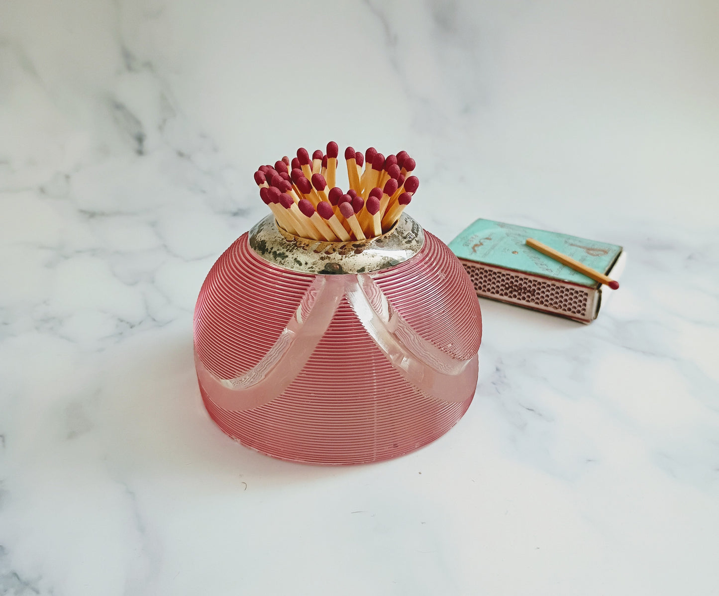 English Birmingham Pink Ribbed Glass Match Striker