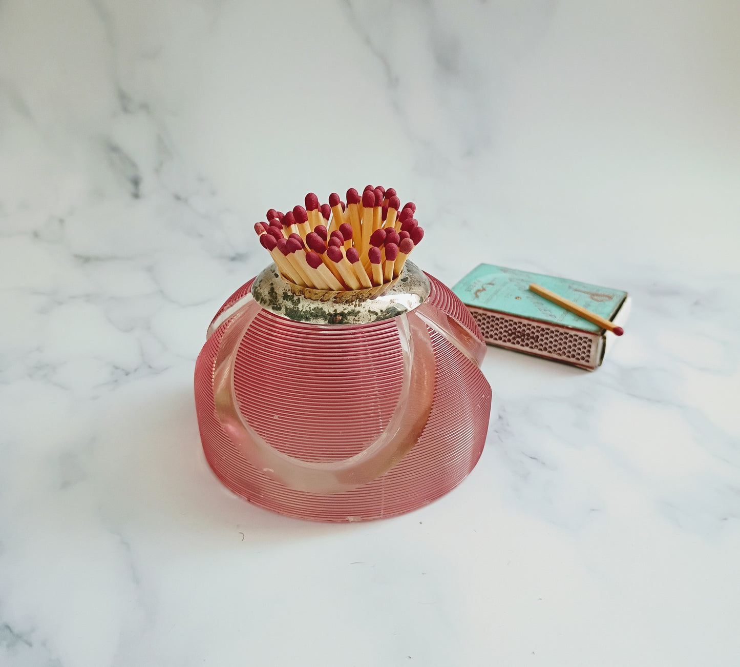 English Birmingham Pink Ribbed Glass Match Striker