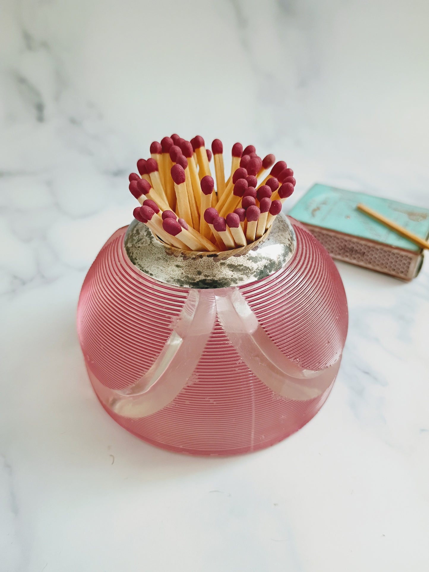 English Birmingham Pink Ribbed Glass Match Striker
