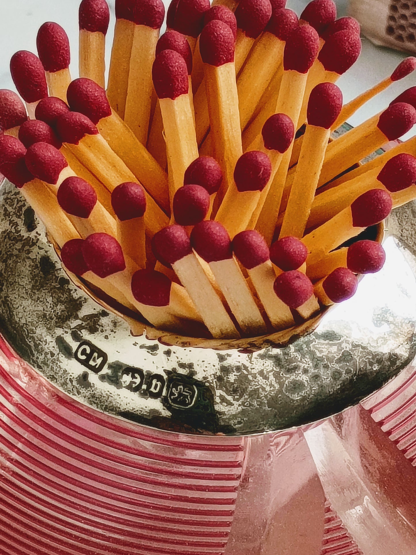 English Birmingham Pink Ribbed Glass Match Striker
