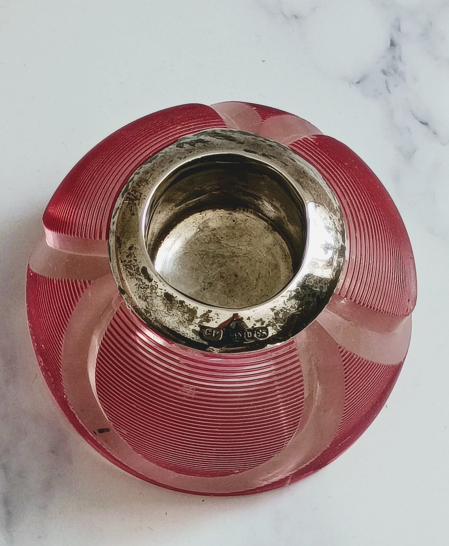 English Birmingham Pink Ribbed Glass Match Striker