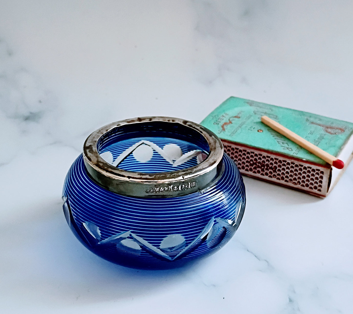English Petite Dark Blue Etched Glass Match Holder