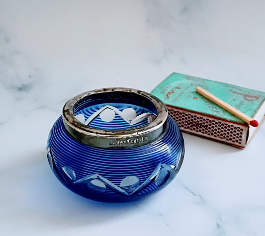 English Petite Dark Blue Etched Glass Match Holder