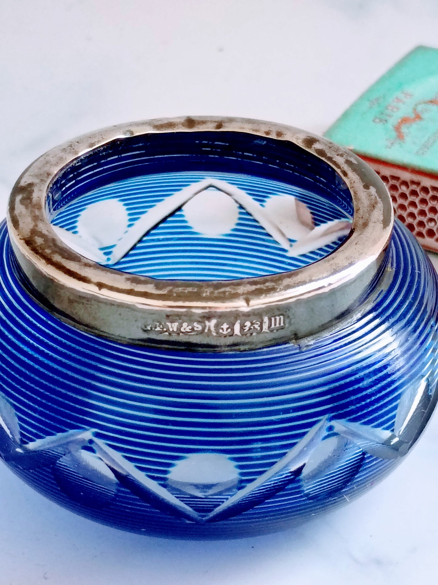 English Petite Dark Blue Etched Glass Match Holder