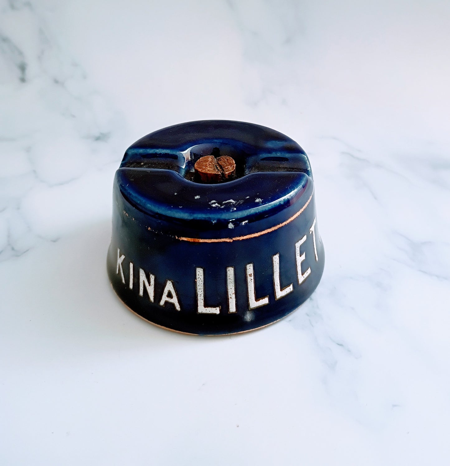 Vintage French Bistro Blue Kina Lillet Advertising Inkwell Pen Holder