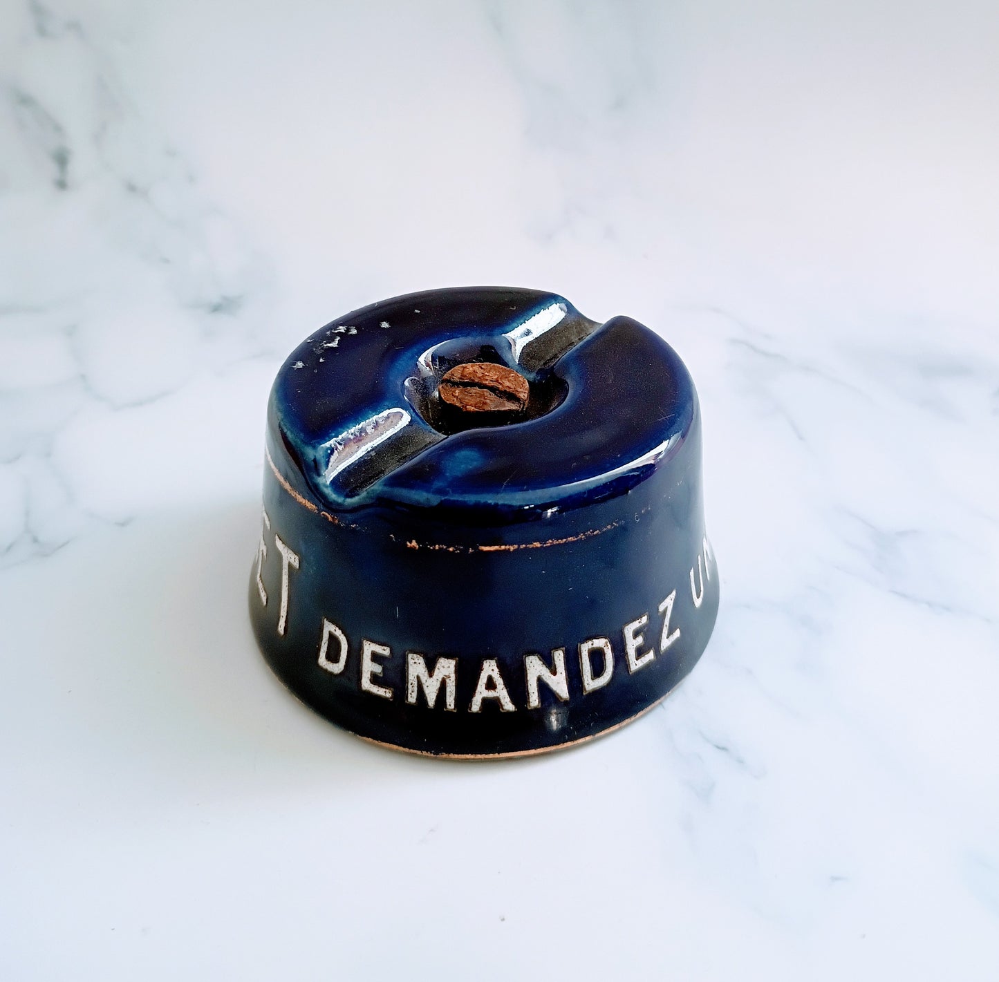 Vintage French Bistro Blue Kina Lillet Advertising Inkwell Pen Holder