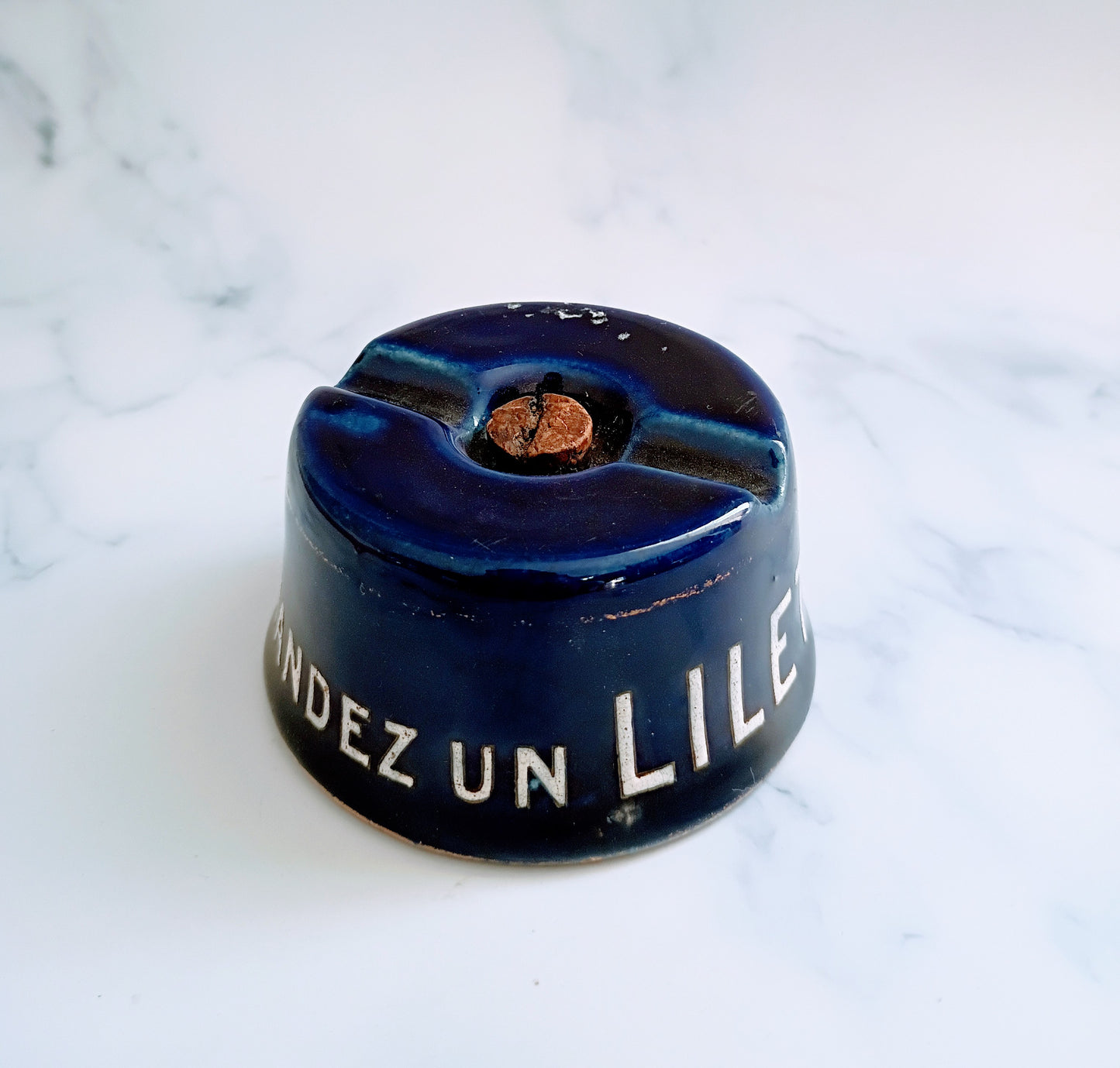 Vintage French Bistro Blue Kina Lillet Advertising Inkwell Pen Holder