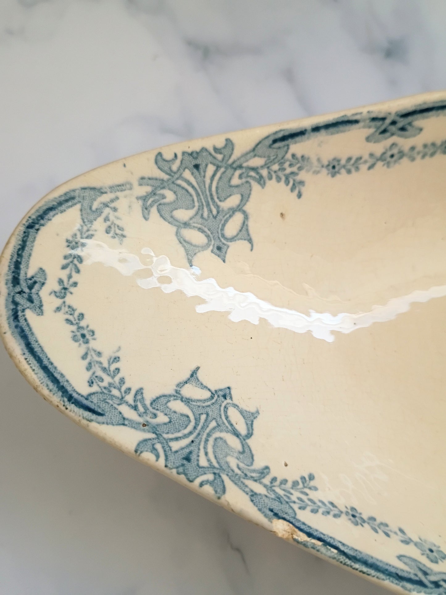 French Vintage Transferware Blue Terre de Fer Serving Ravier Dish