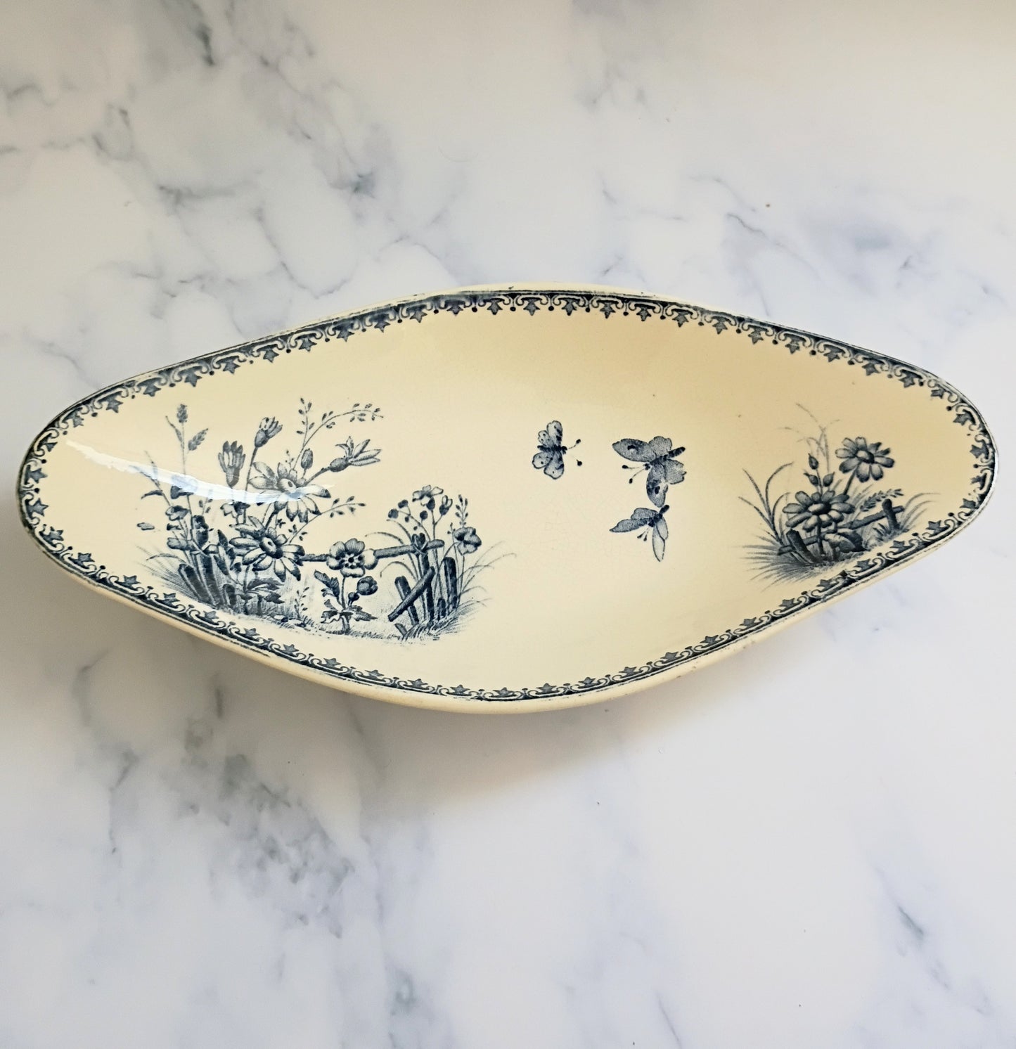 Vintage Sarreguemines Transferware Blue Terre de Fer Serving Ravier Dish