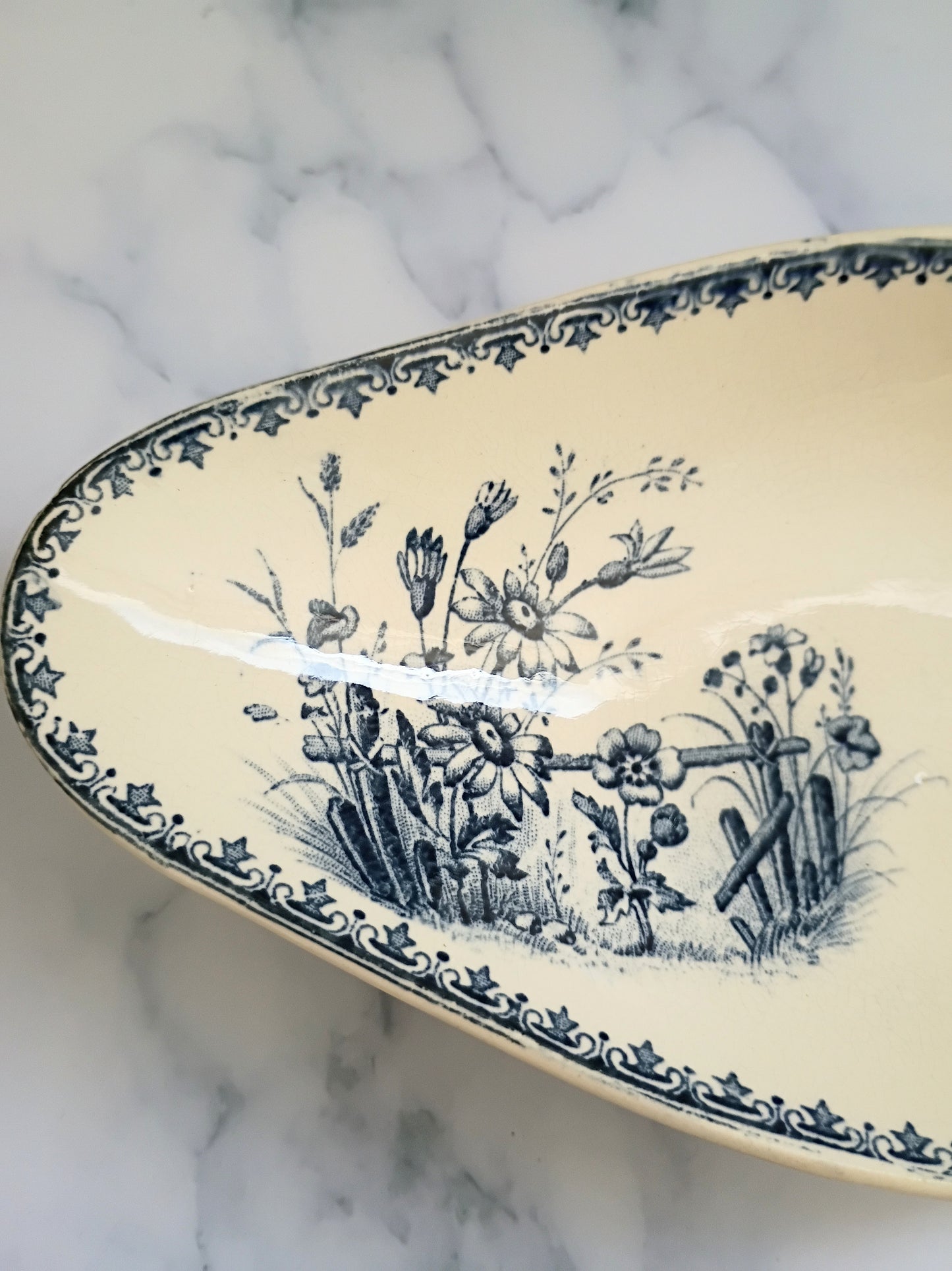 Vintage Sarreguemines Transferware Blue Terre de Fer Serving Ravier Dish