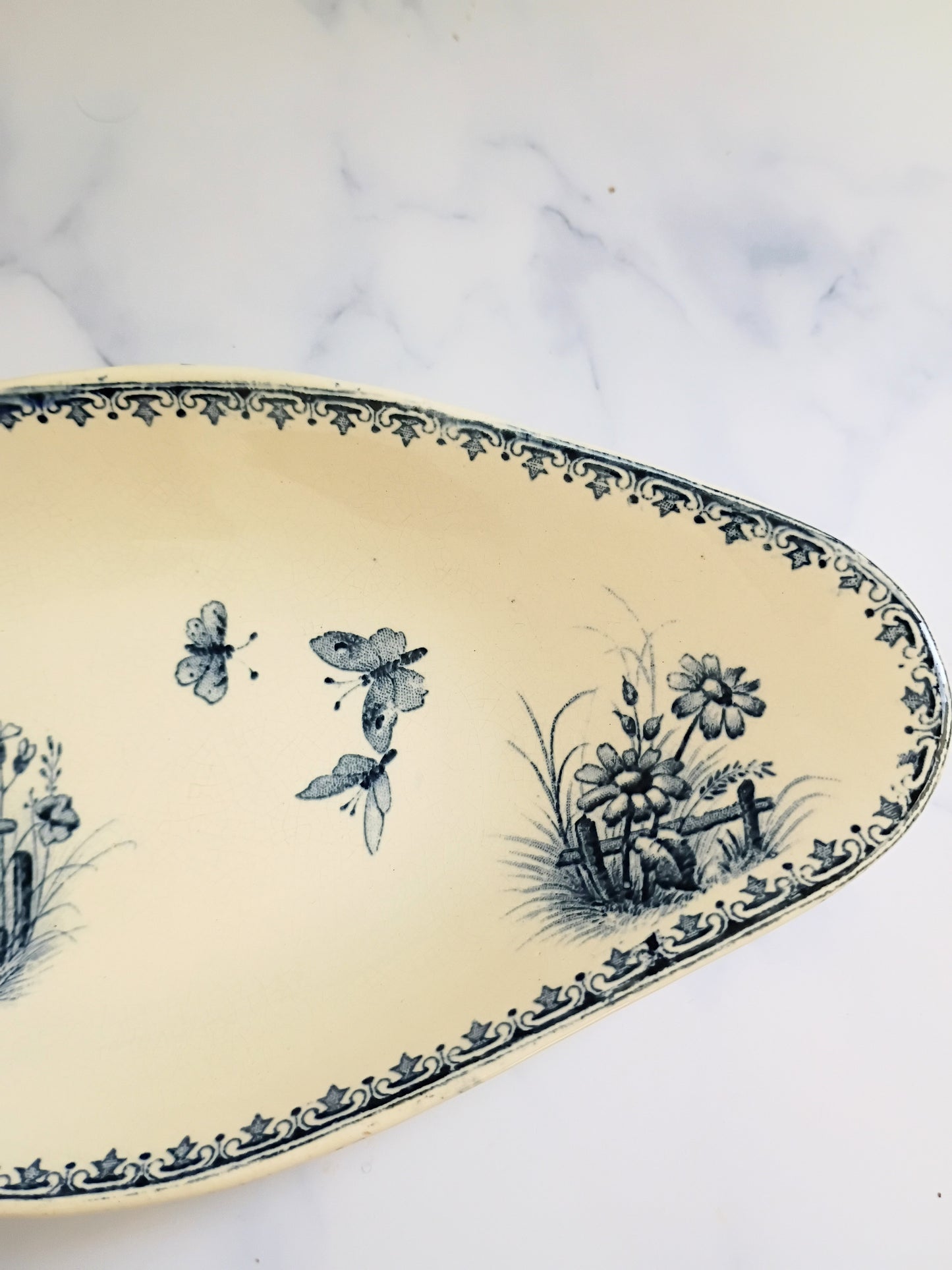 Vintage Sarreguemines Transferware Blue Terre de Fer Serving Ravier Dish