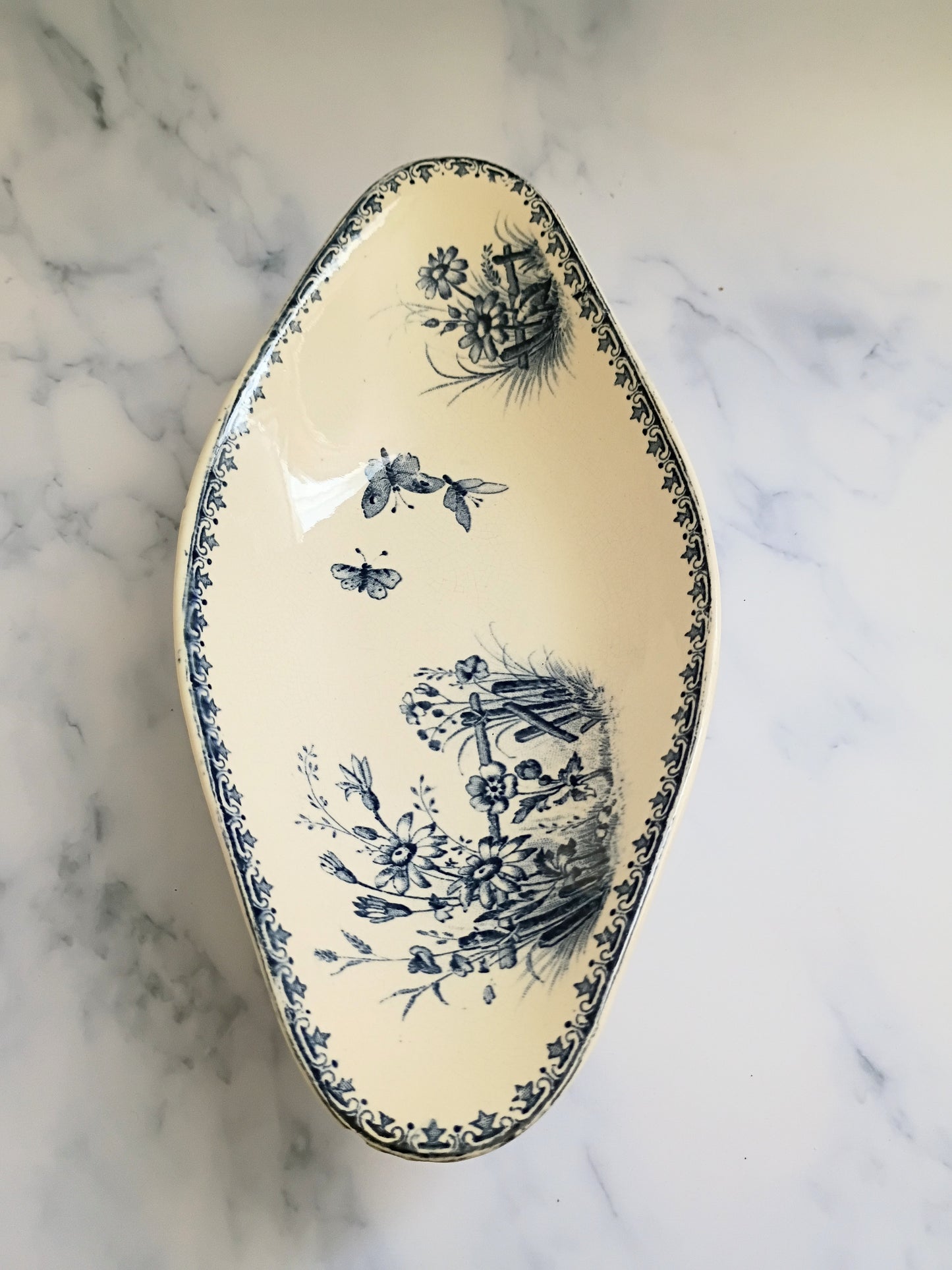 Vintage Sarreguemines Transferware Blue Terre de Fer Serving Ravier Dish
