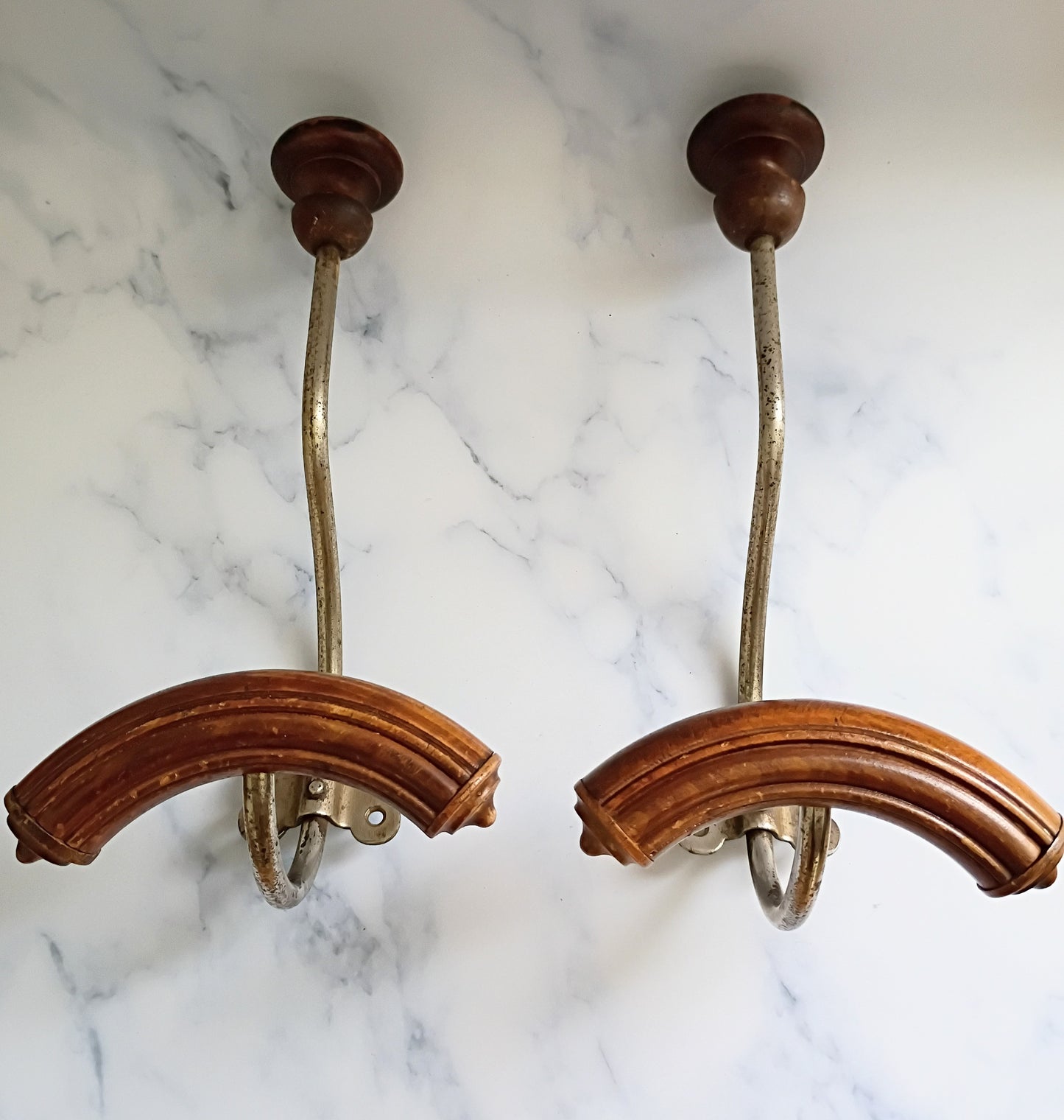 Pair of Antique French Cast Iron & Wood Coat Hooks