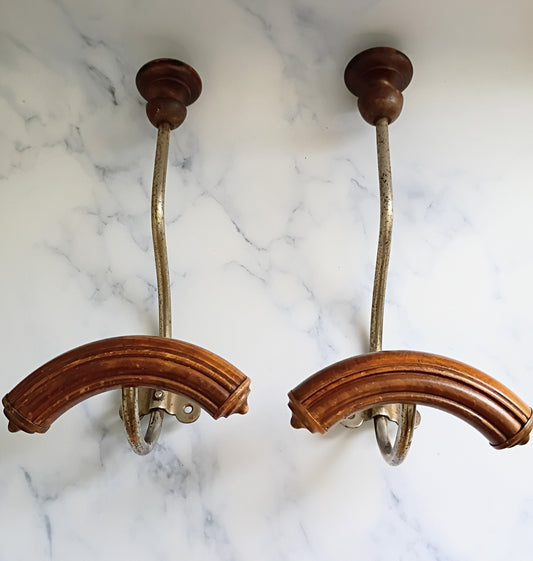 Pair of Antique French Cast Iron & Wood Coat Hooks