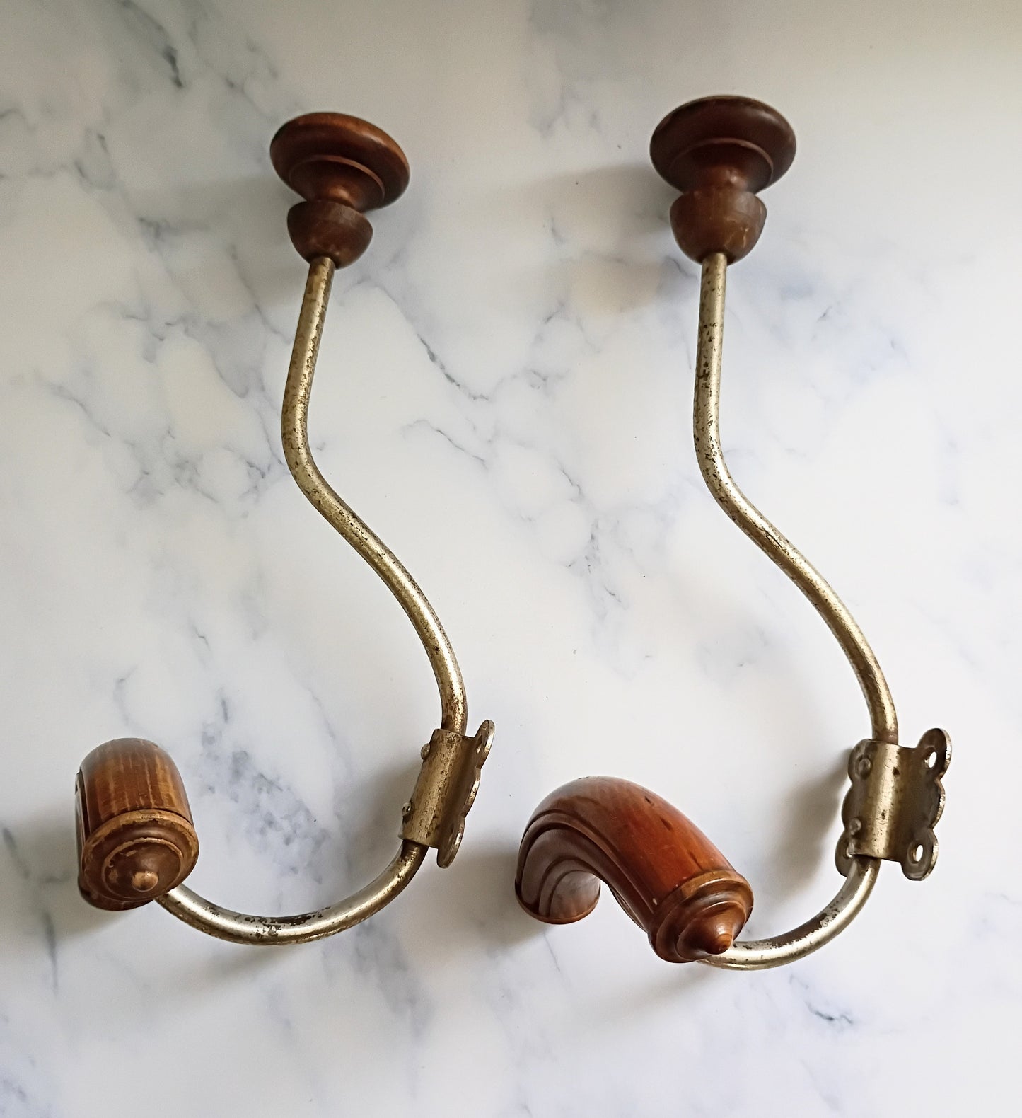 Pair of Antique French Cast Iron & Wood Coat Hooks