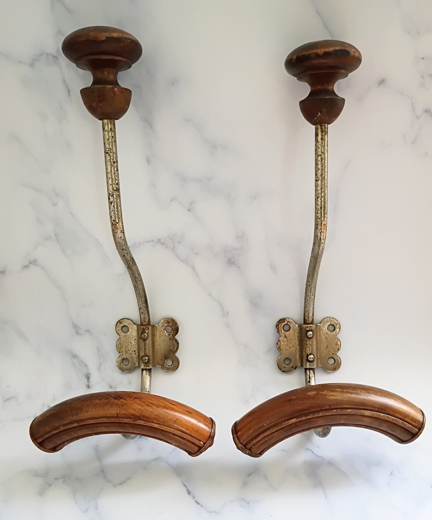 Pair of Antique French Cast Iron & Wood Coat Hooks
