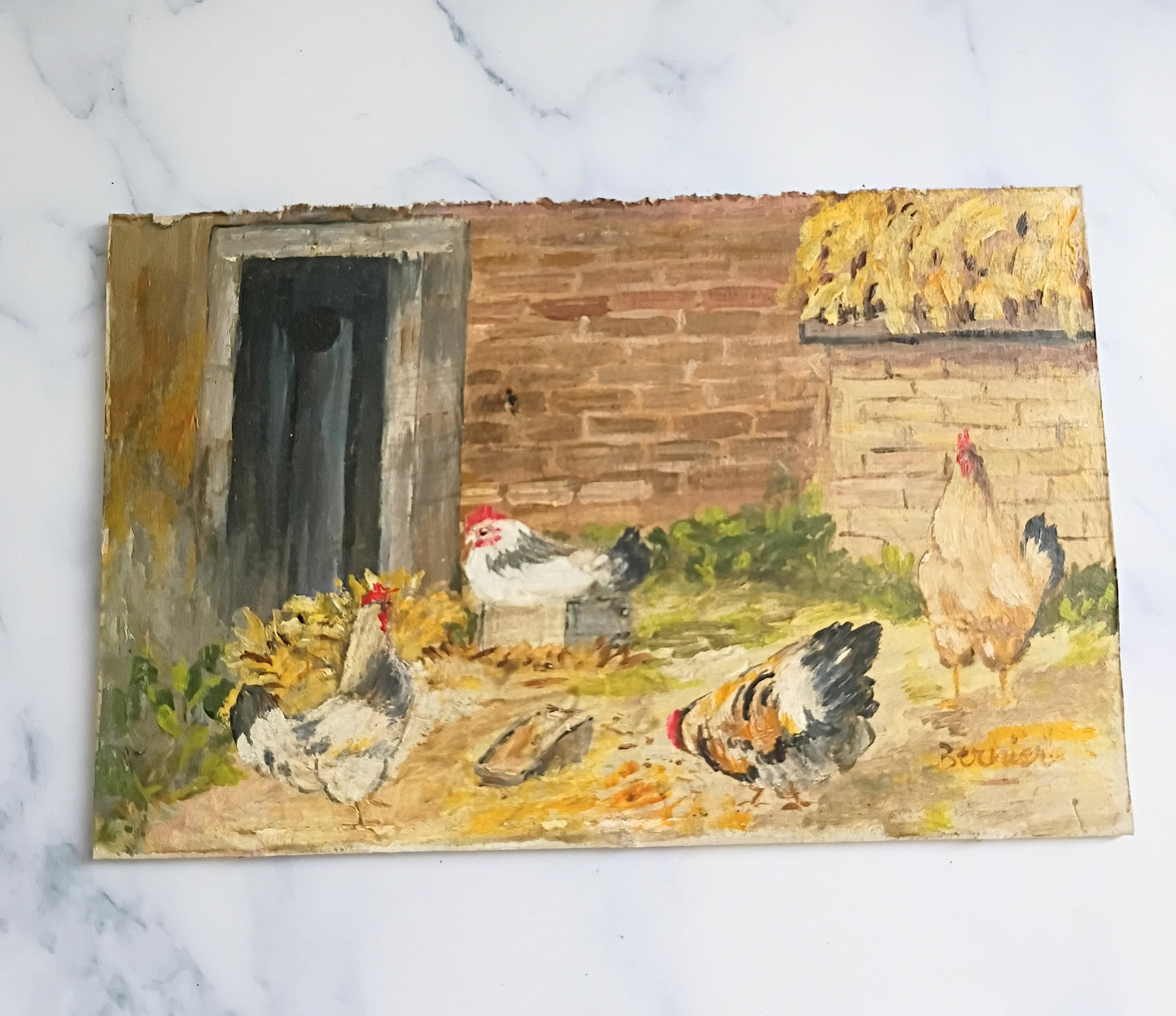 Vintage French Country Farm Chickens Oil Painting