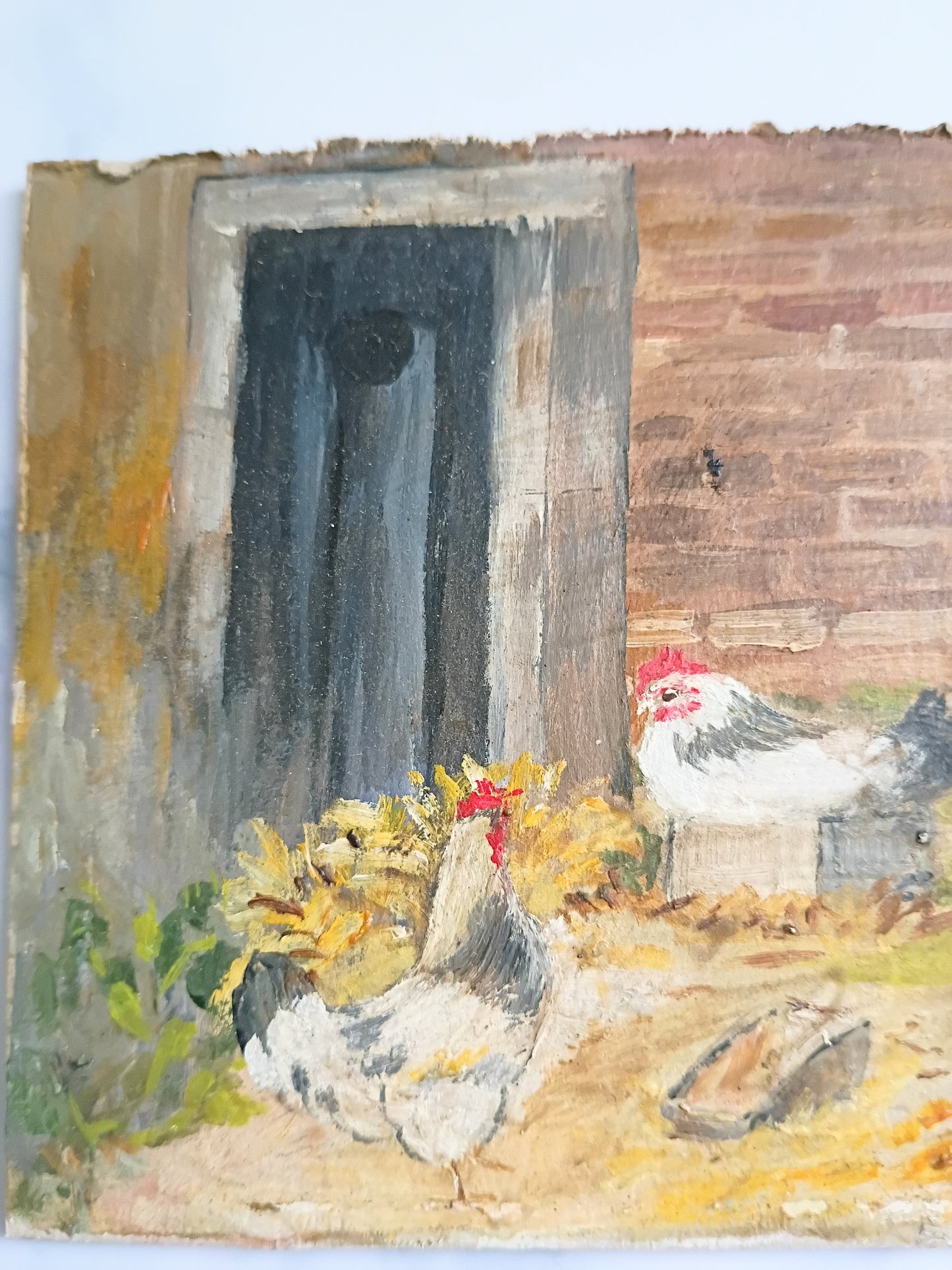 Vintage French Country Farm Chickens Oil Painting