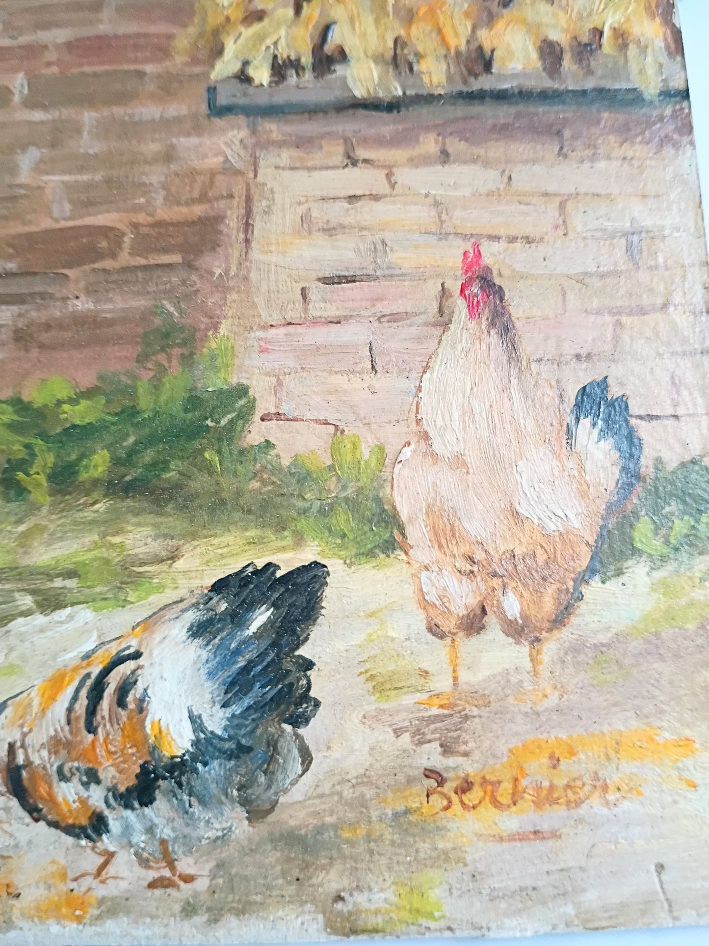 Vintage French Country Farm Chickens Oil Painting