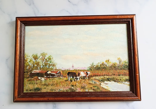 Vintage French Country Pastoral Oil Painting - Cows Grazing