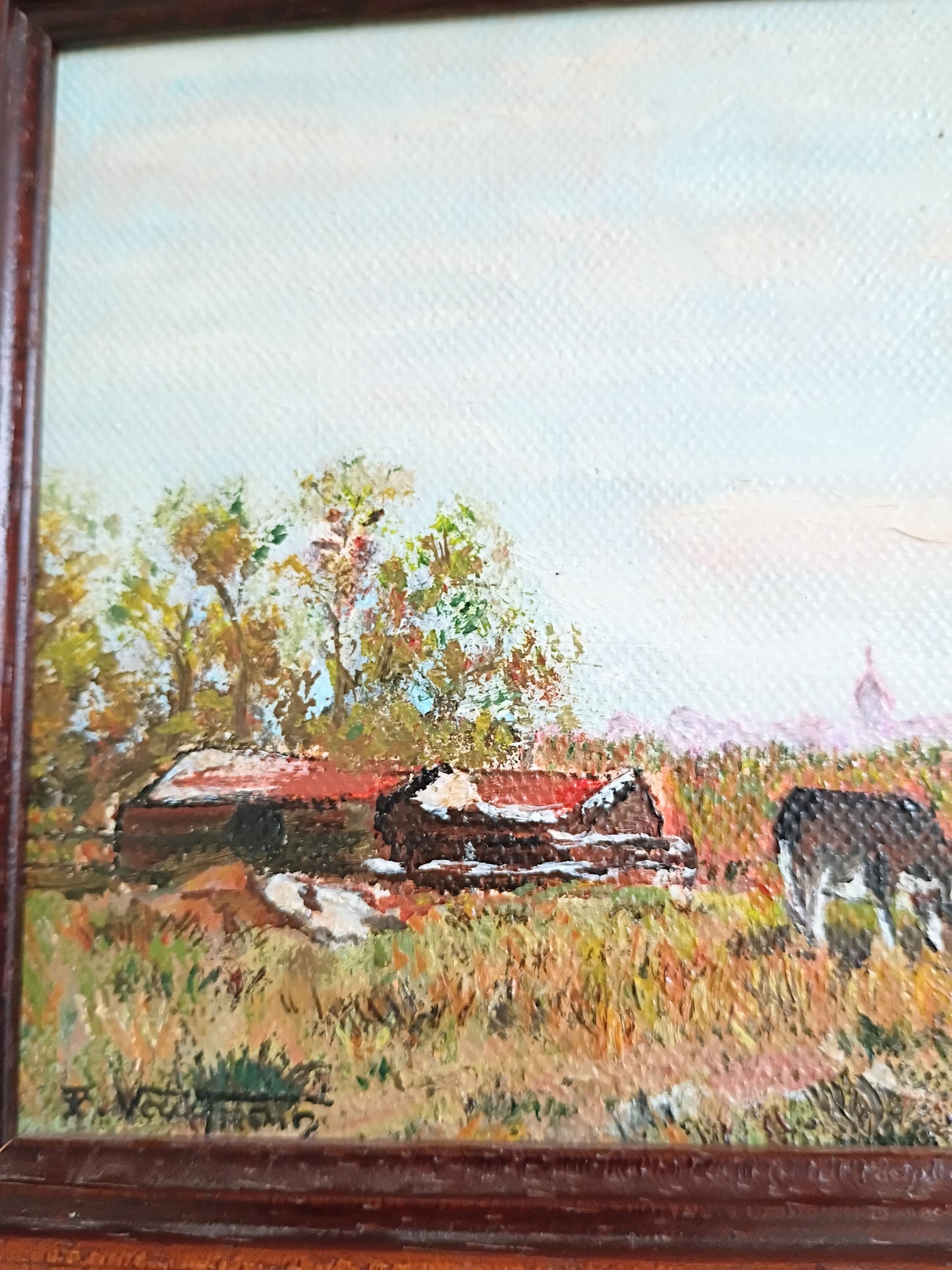Vintage French Country Pastoral Oil Painting - Cows Grazing