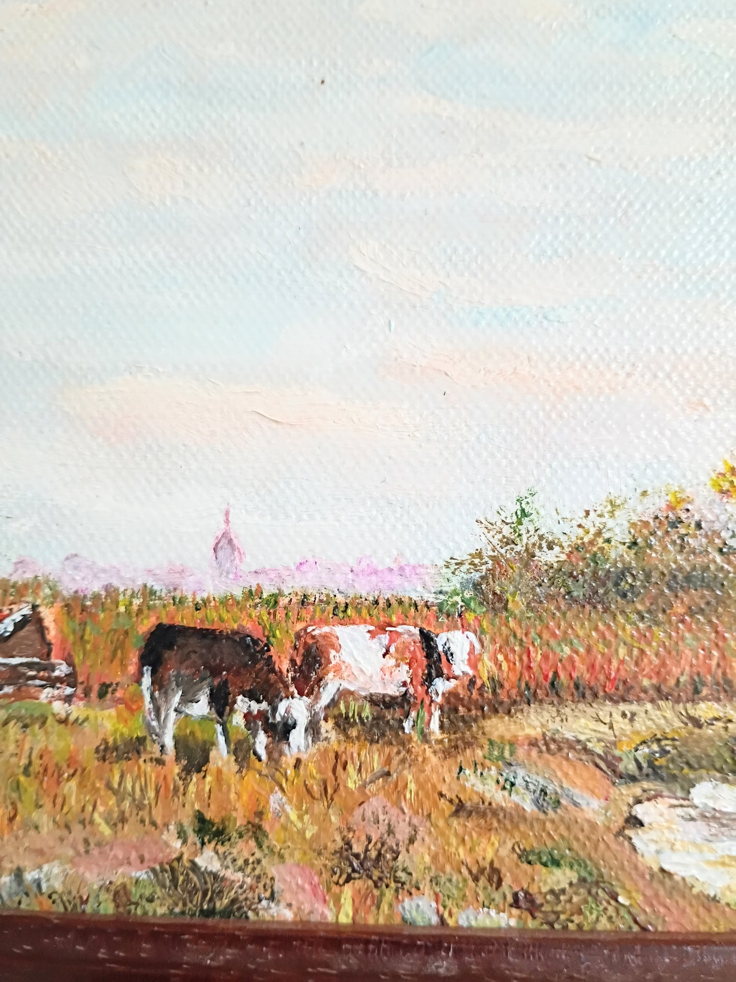 Vintage French Country Pastoral Oil Painting - Cows Grazing