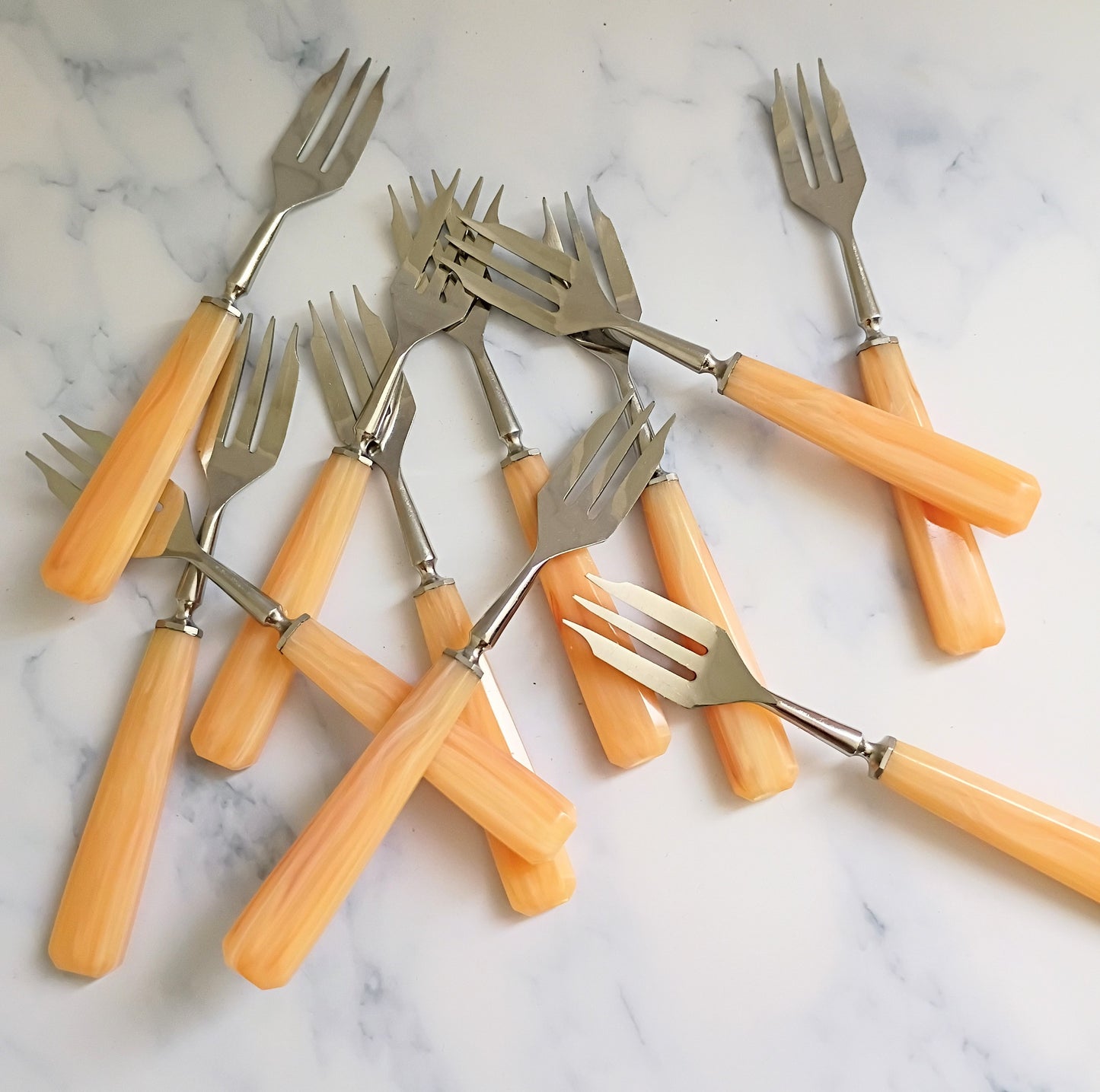 Vintage Mid Century French Bakelite Peach Handle Forks Set of 11