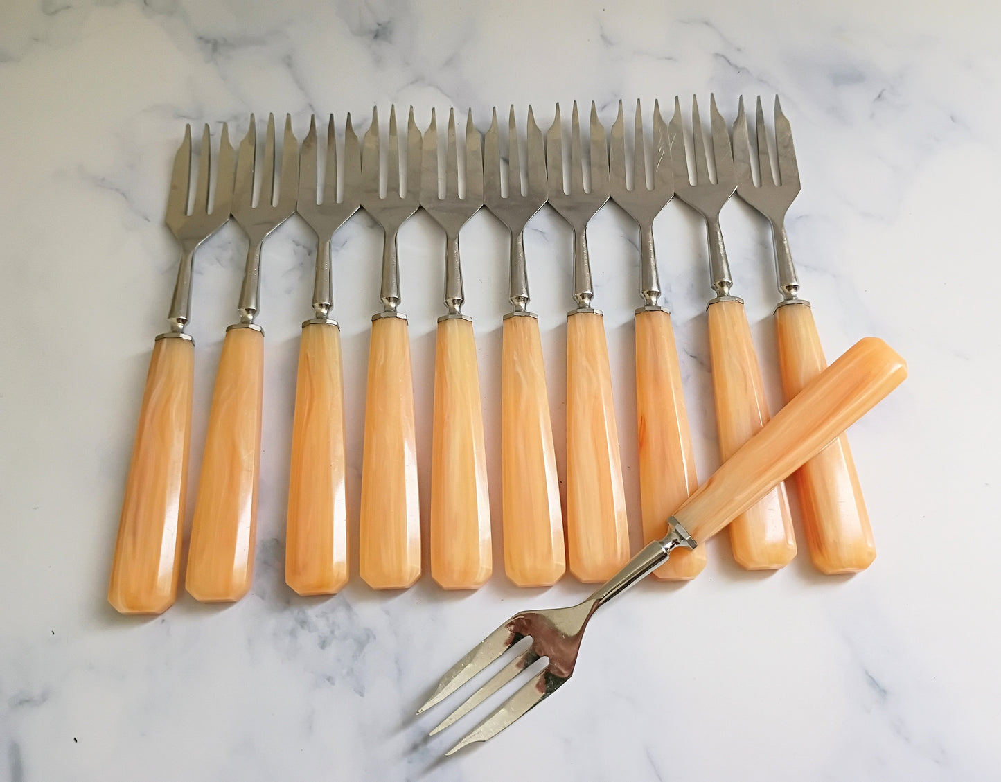 Vintage Mid Century French Bakelite Peach Handle Forks Set of 11