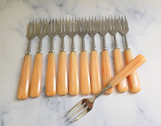 Vintage Mid Century French Bakelite Peach Handle Forks Set of 11