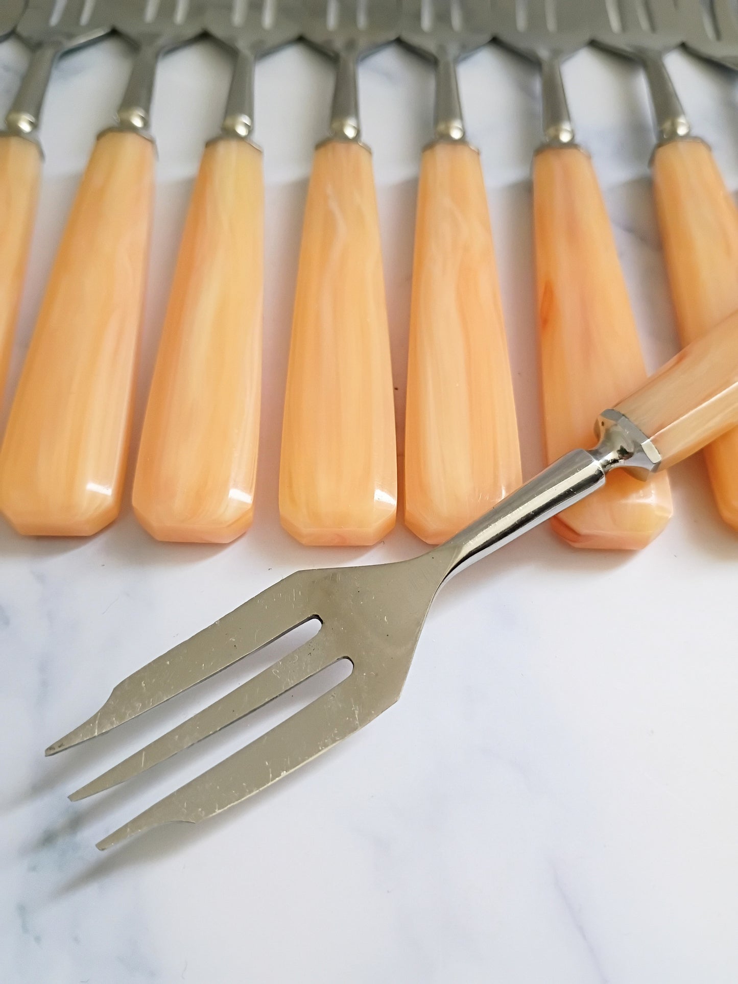 Vintage Mid Century French Bakelite Peach Handle Forks Set of 11