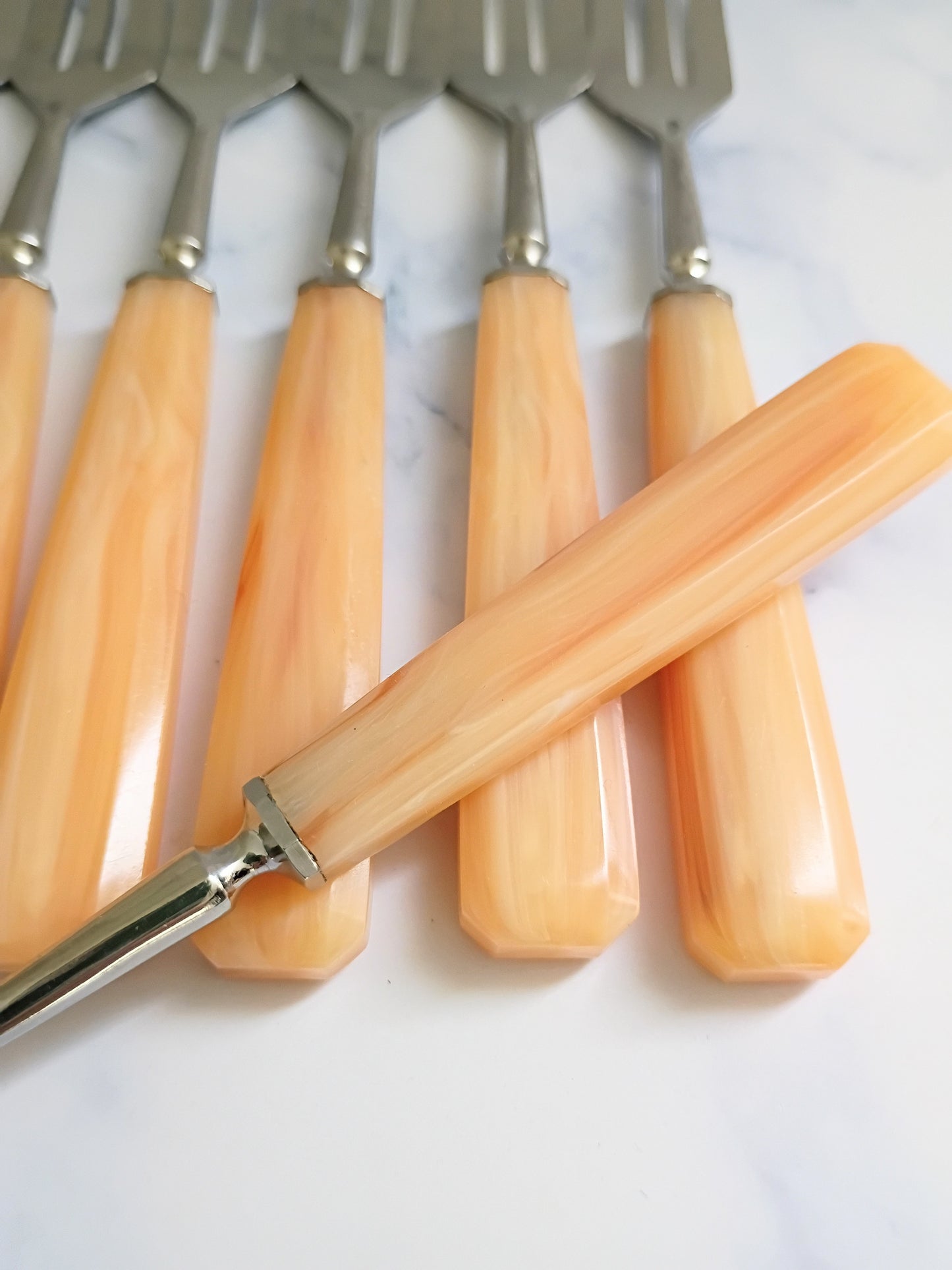 Vintage Mid Century French Bakelite Peach Handle Forks Set of 11