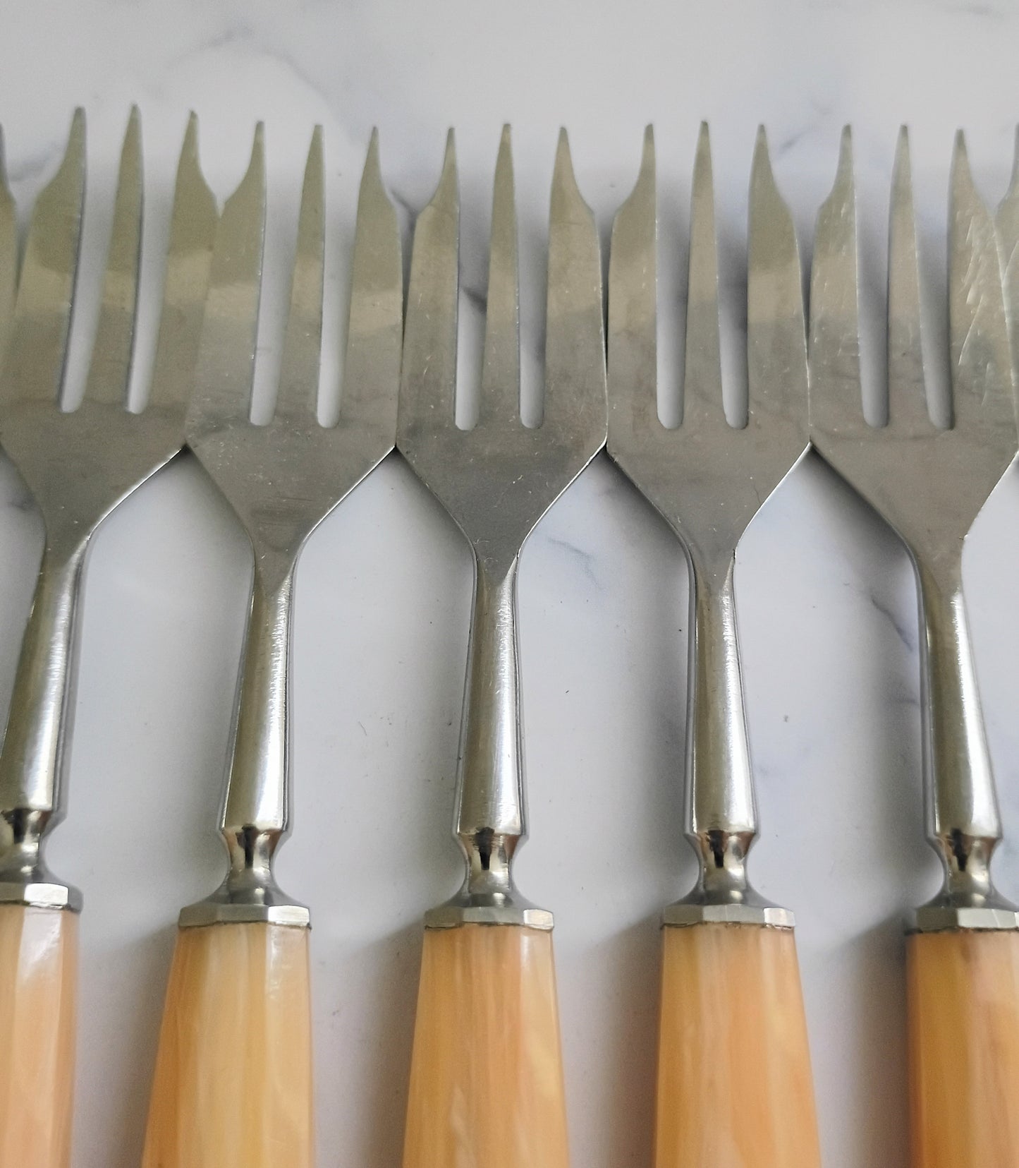 Vintage Mid Century French Bakelite Peach Handle Forks Set of 11