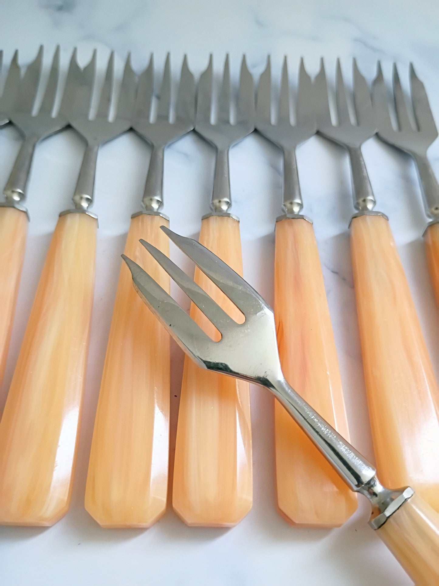 Vintage Mid Century French Bakelite Peach Handle Forks Set of 11
