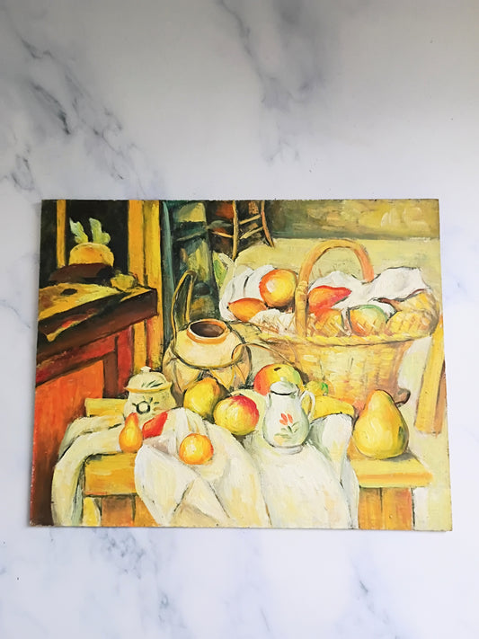French Vintage Oil Painting, Still Life of Apples and Pears in Basket
