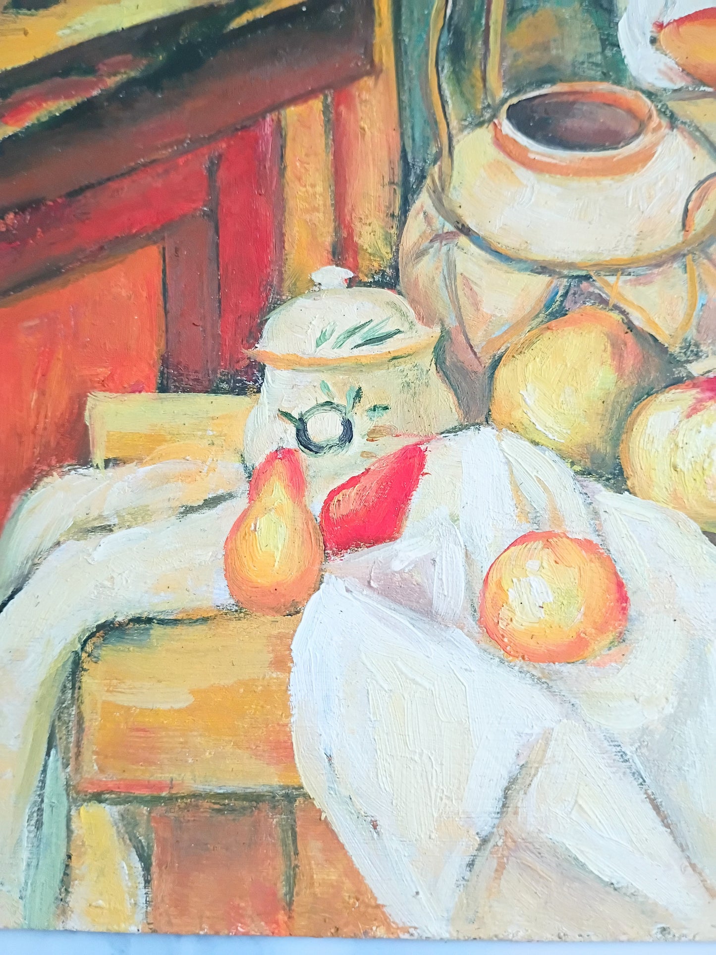 French Vintage Oil Painting, Still Life of Apples and Pears in Basket