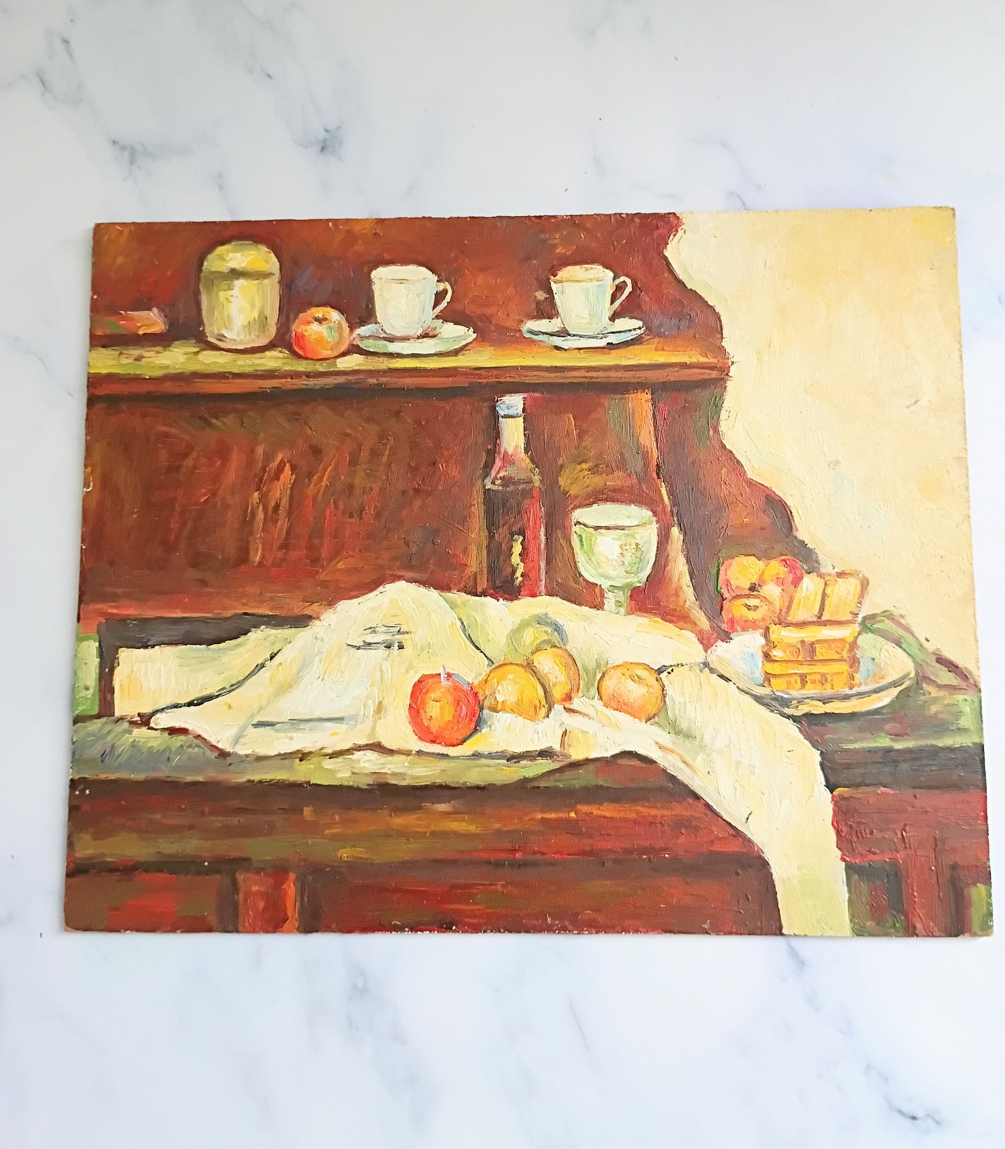 French Vintage Oil Painting Still Life of Fruit Apples & Wine