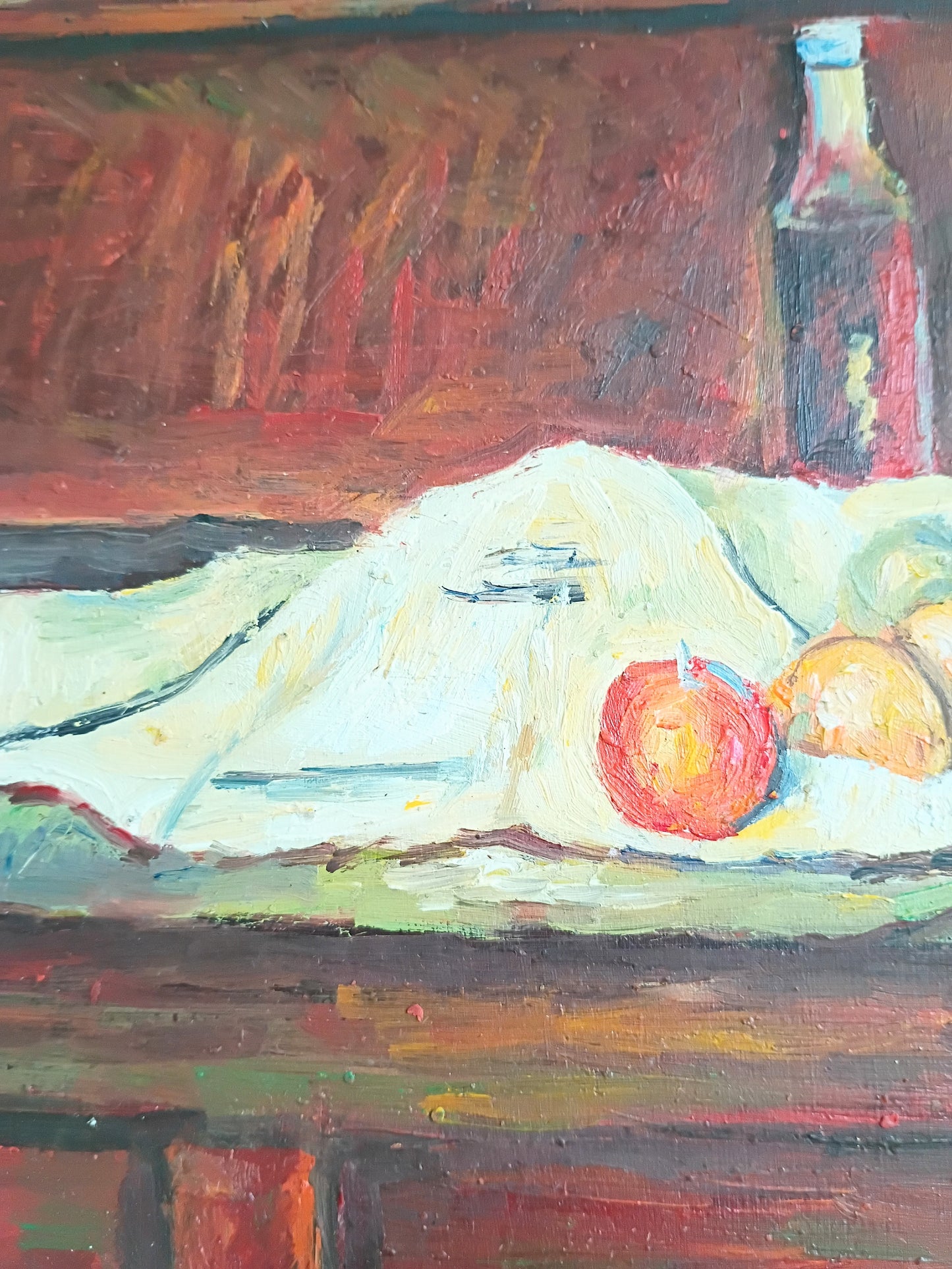 French Vintage Oil Painting Still Life of Fruit Apples & Wine