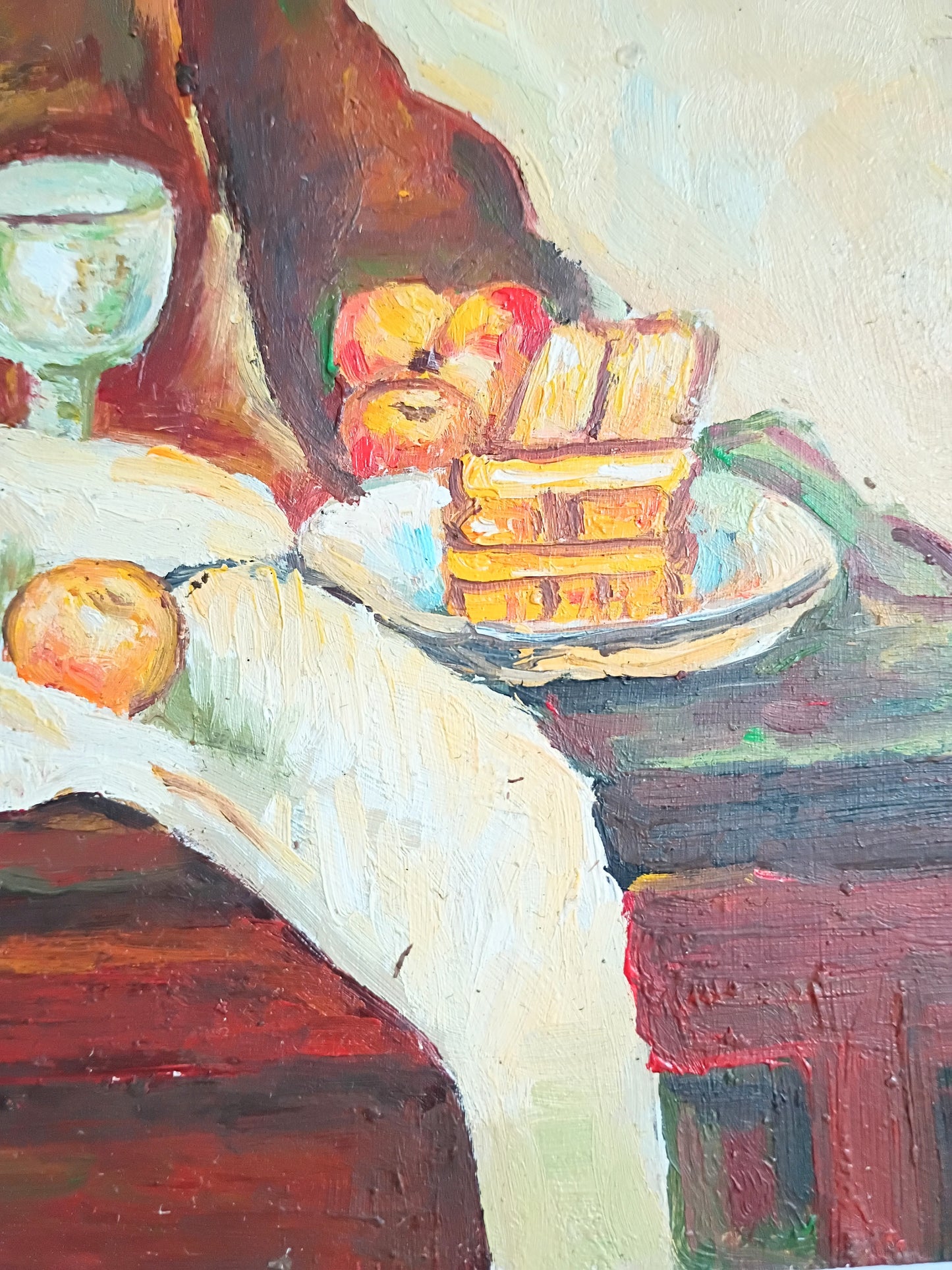 French Vintage Oil Painting Still Life of Fruit Apples & Wine