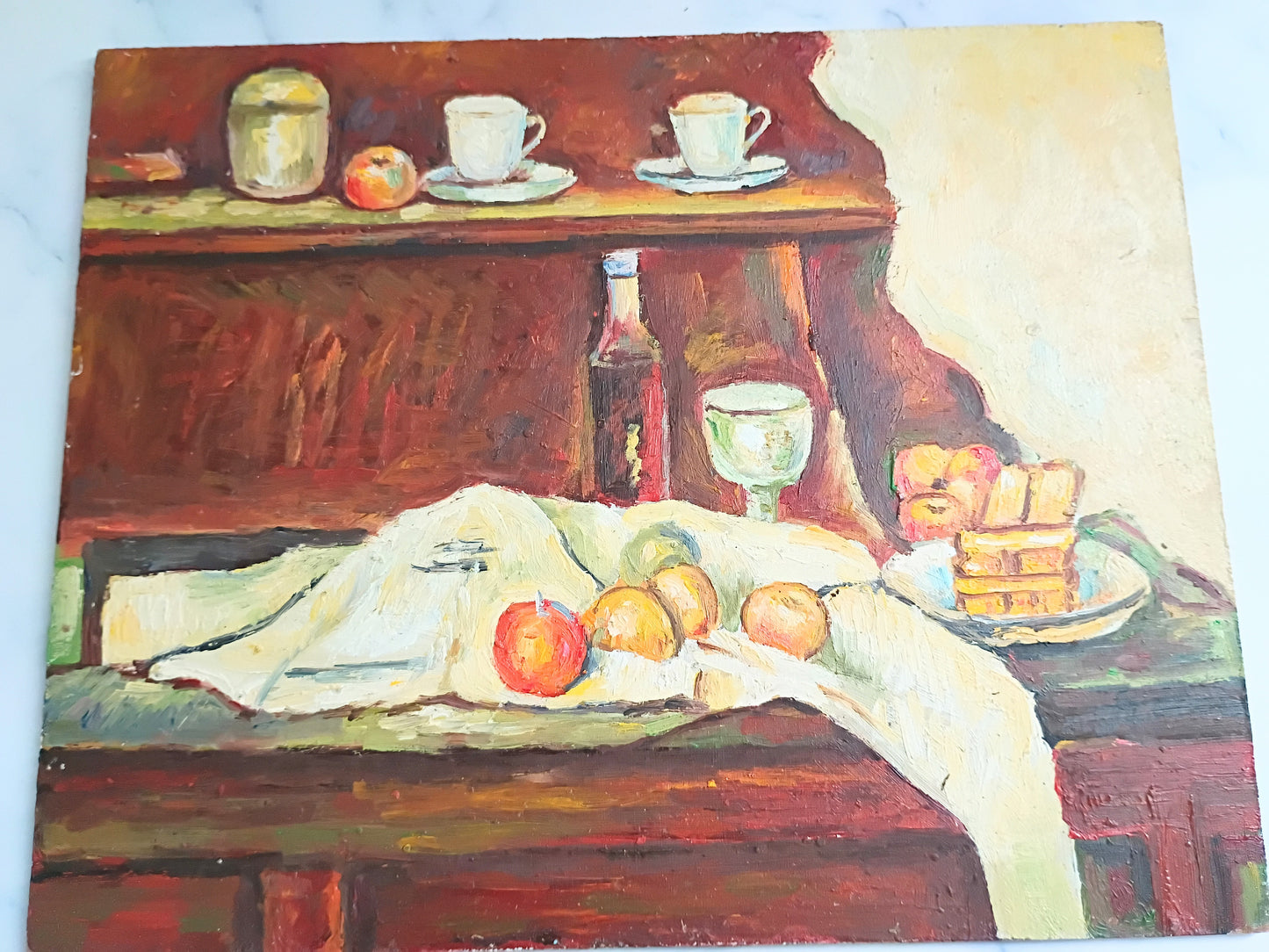 French Vintage Oil Painting Still Life of Fruit Apples & Wine