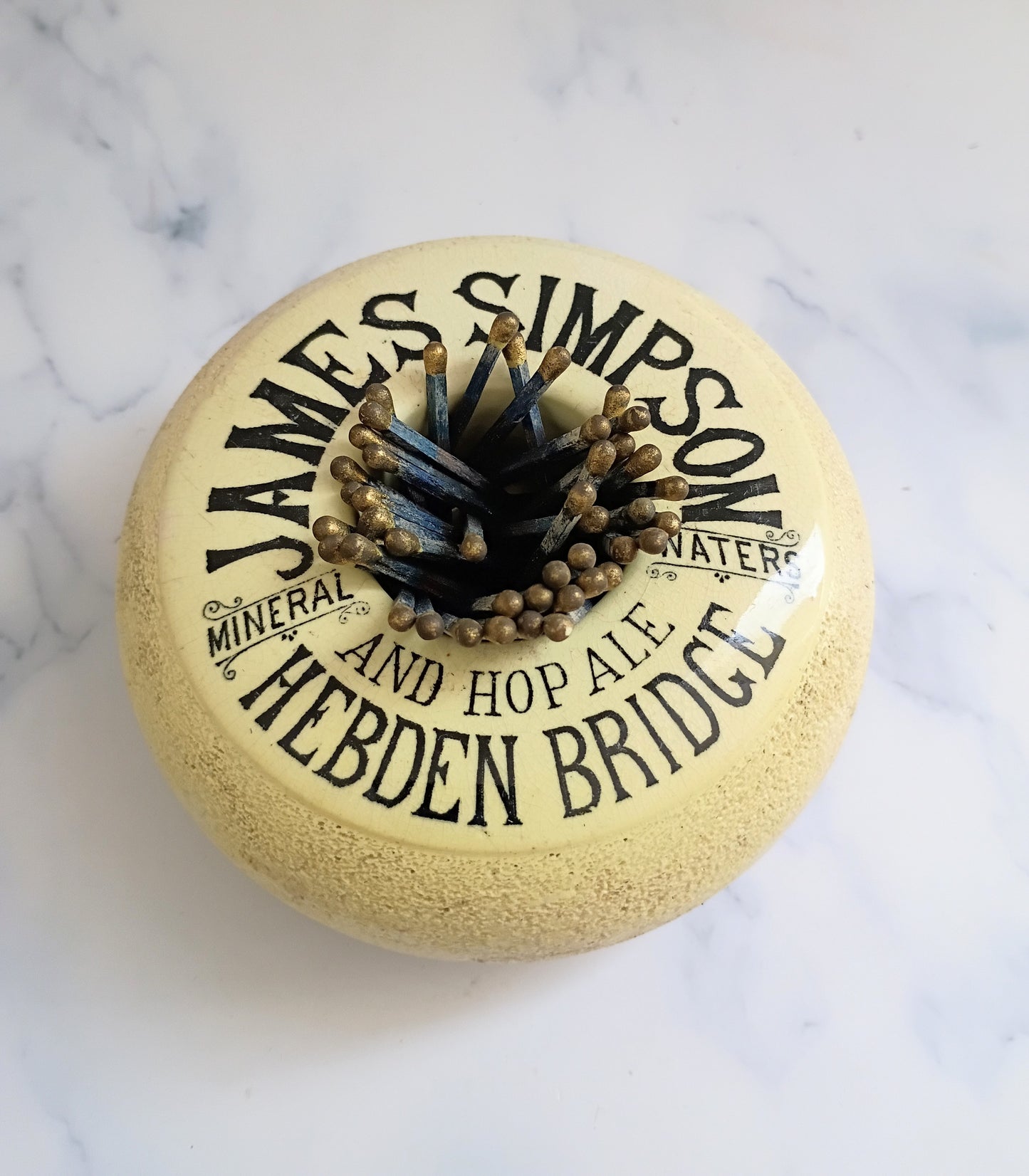 Antique English Pub Advertising Match Striker Holder, James Simpson Hop Ale
