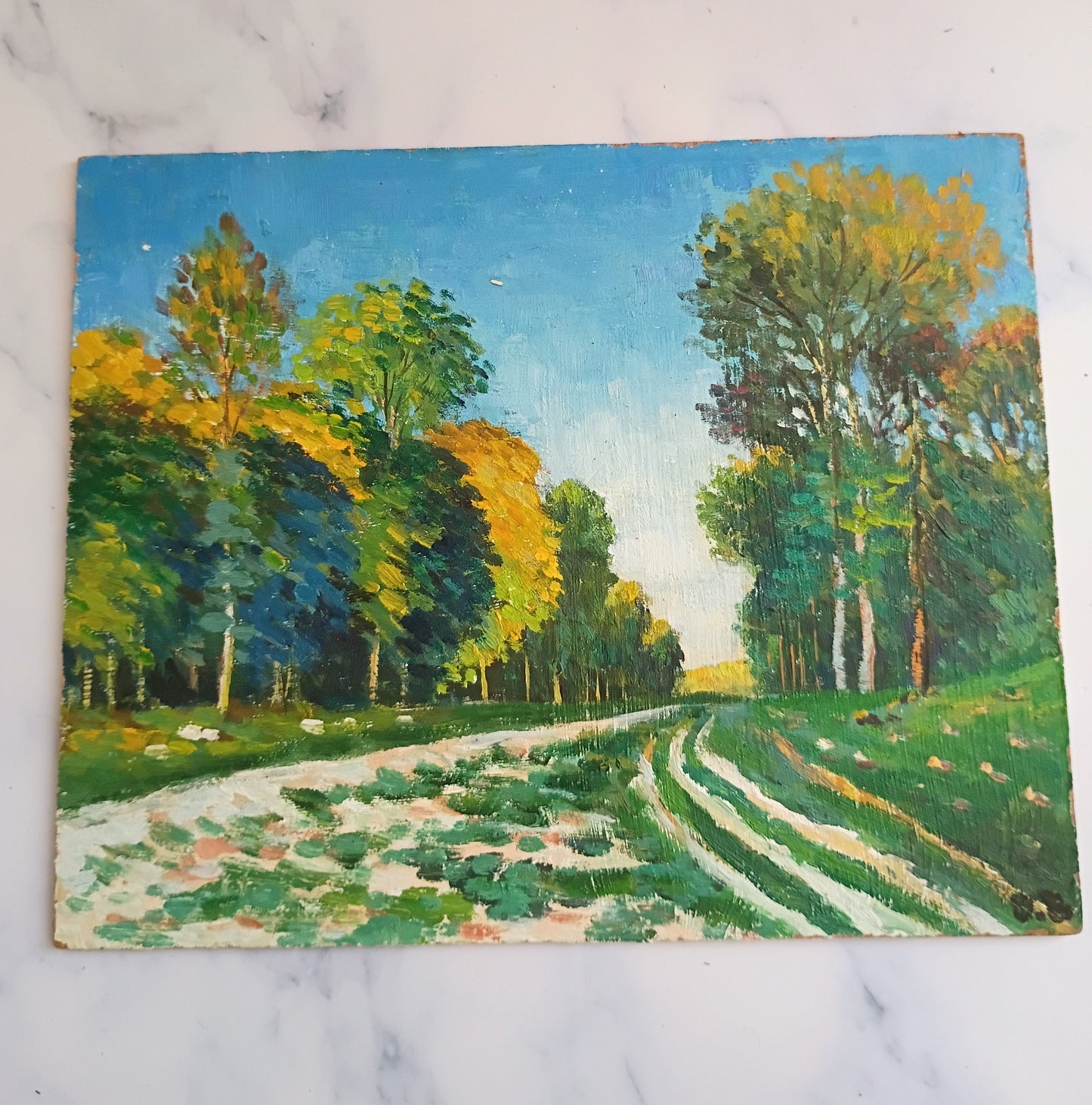 French Vintage Oil Painting- Country Road in the Forest