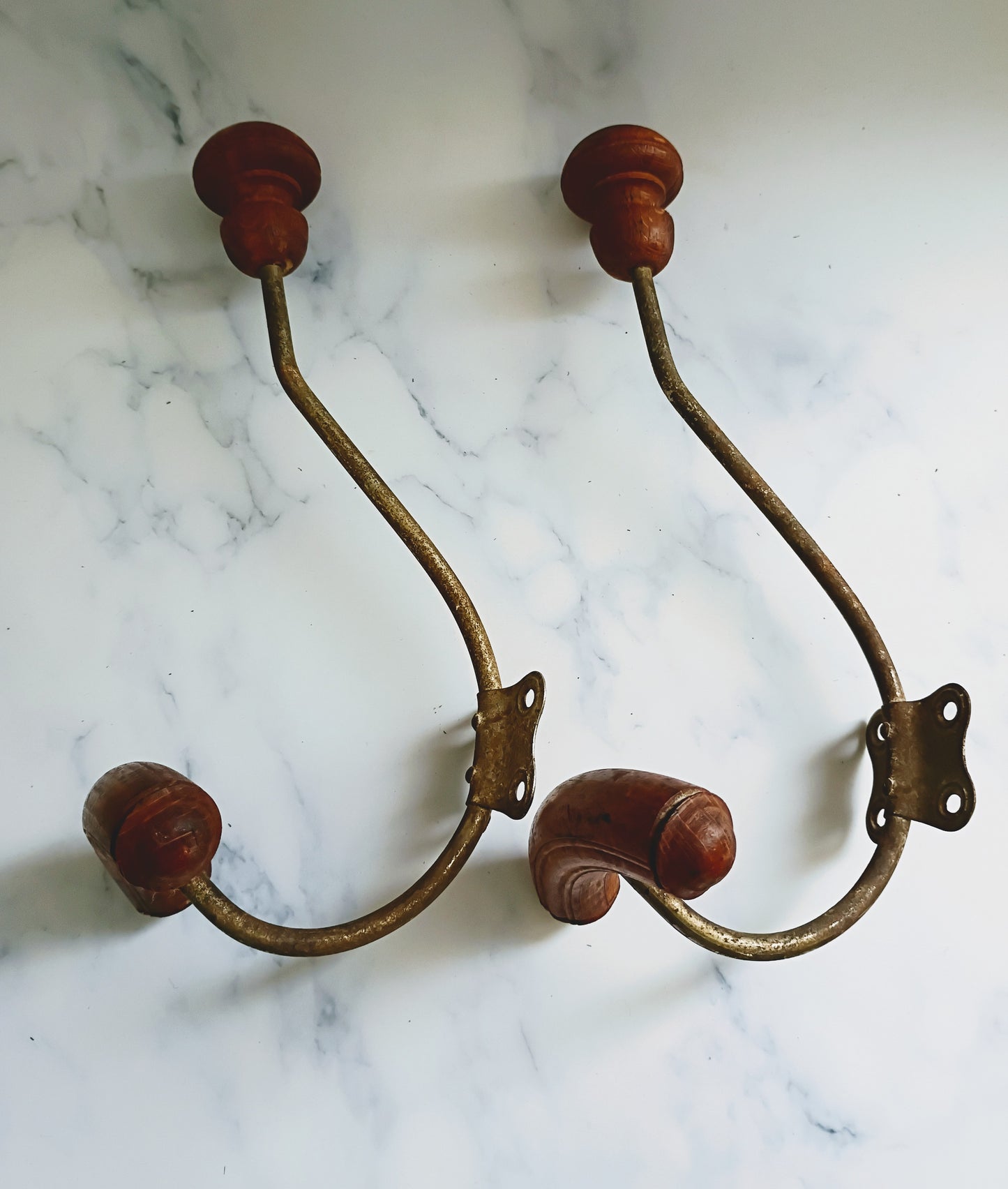 Pair of Antique French Cast Iron & Wood Coat Hooks
