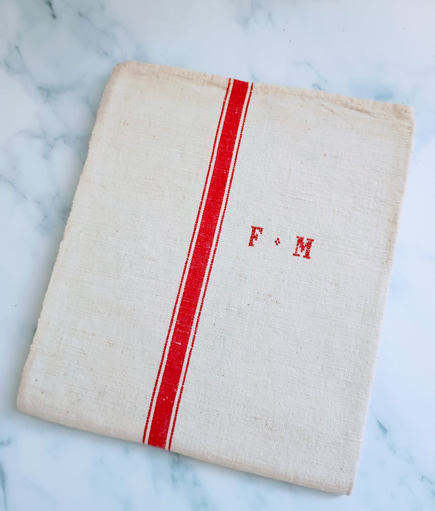 Vintage French Linen Kitchen Towel with Monogram "FM"