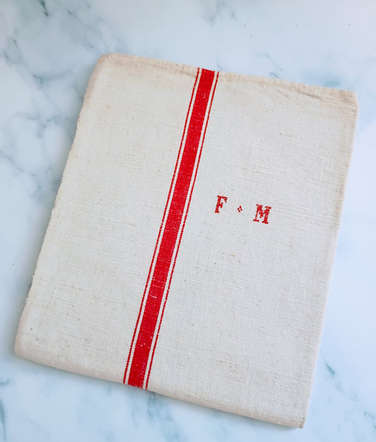 Vintage French Linen Kitchen Towel with Monogram "FM"